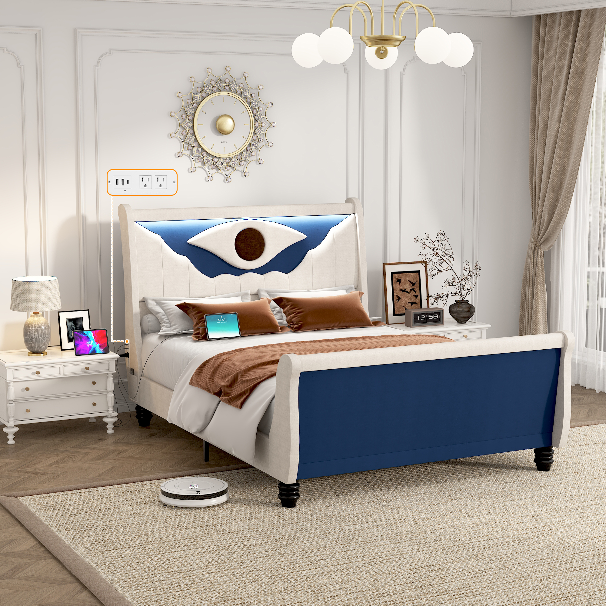 ANPOO LED Upholstered Queen Bed Frame with Solid Wood Feet, 52" Tall Sleigh Headboard and Footboard Bed Frame Queen Size with Charging Station, All-Seeing Eye Design (Blue)