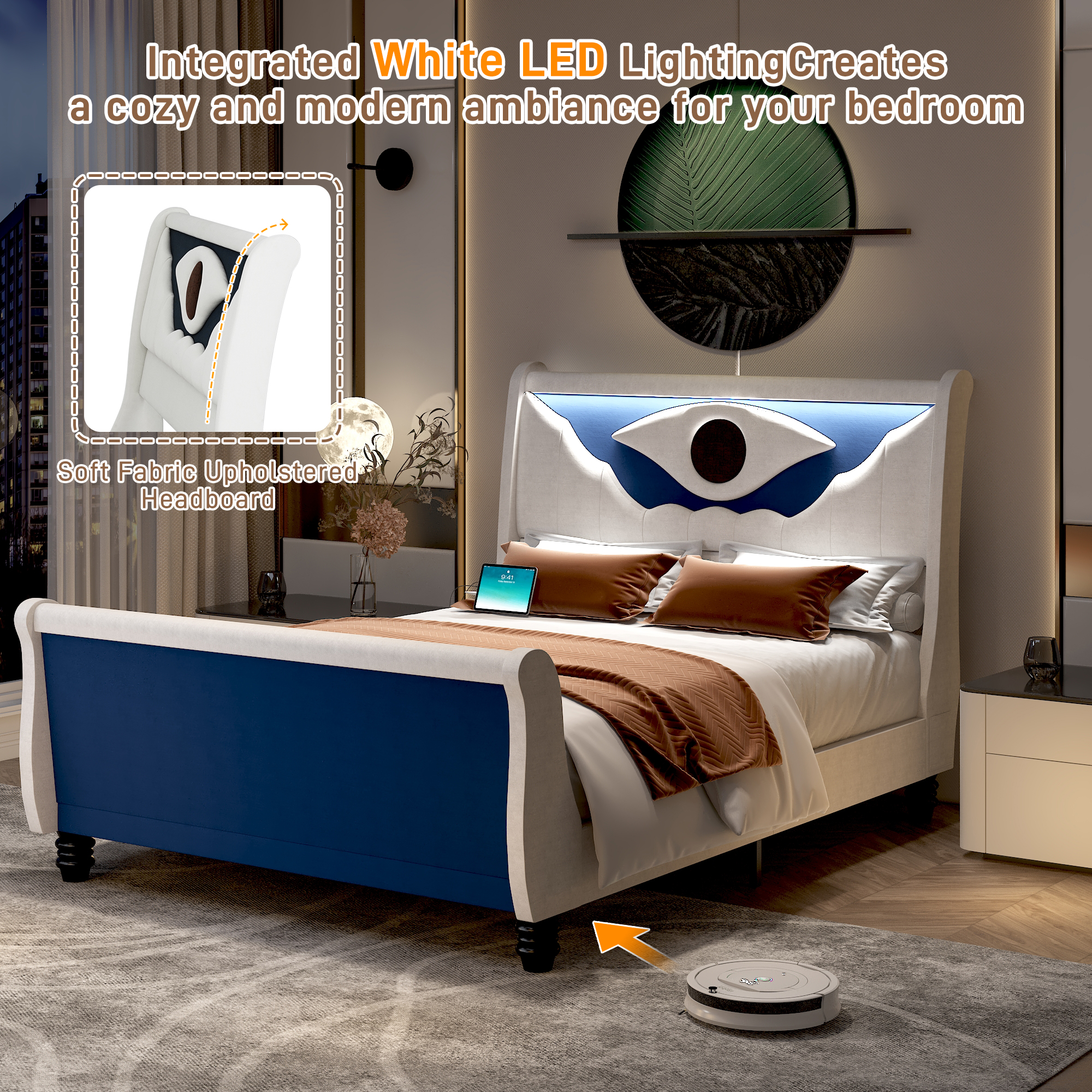 ANPOO LED Upholstered Queen Bed Frame with Solid Wood Feet, 52" Tall Sleigh Headboard and Footboard Bed Frame Queen Size with Charging Station, All-Seeing Eye Design (Blue)