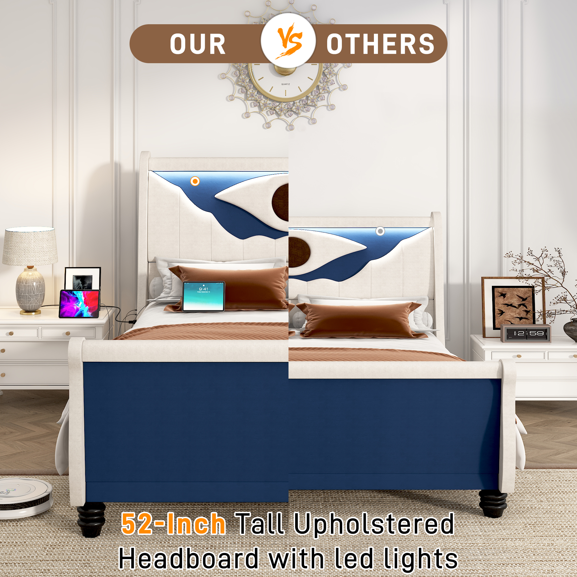 ANPOO LED Upholstered Queen Bed Frame with Solid Wood Feet, 52" Tall Sleigh Headboard and Footboard Bed Frame Queen Size with Charging Station, All-Seeing Eye Design (Blue)