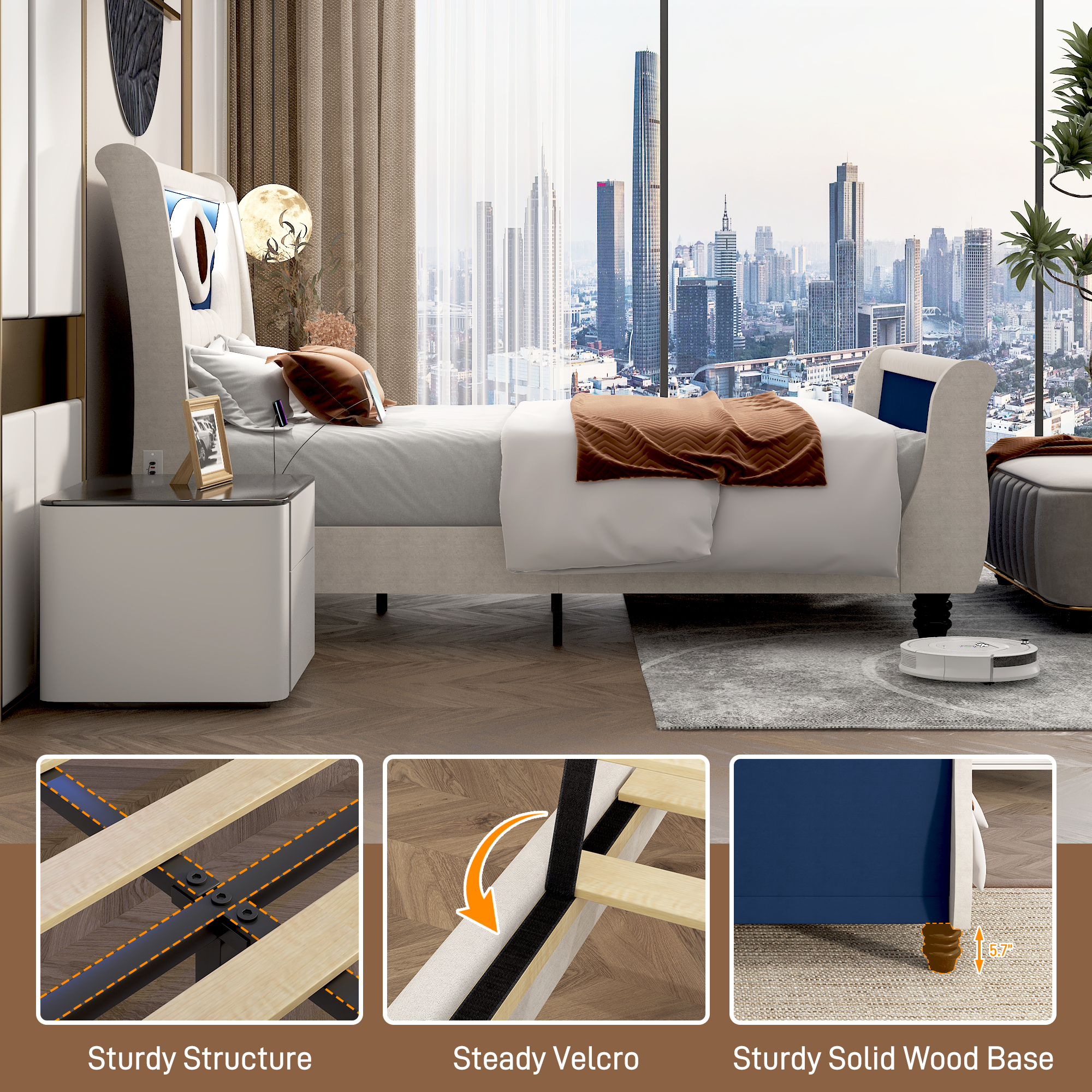 ANPOO LED Upholstered Queen Bed Frame with Solid Wood Feet, 52" Tall Sleigh Headboard and Footboard Bed Frame Queen Size with Charging Station, All-Seeing Eye Design (Blue)