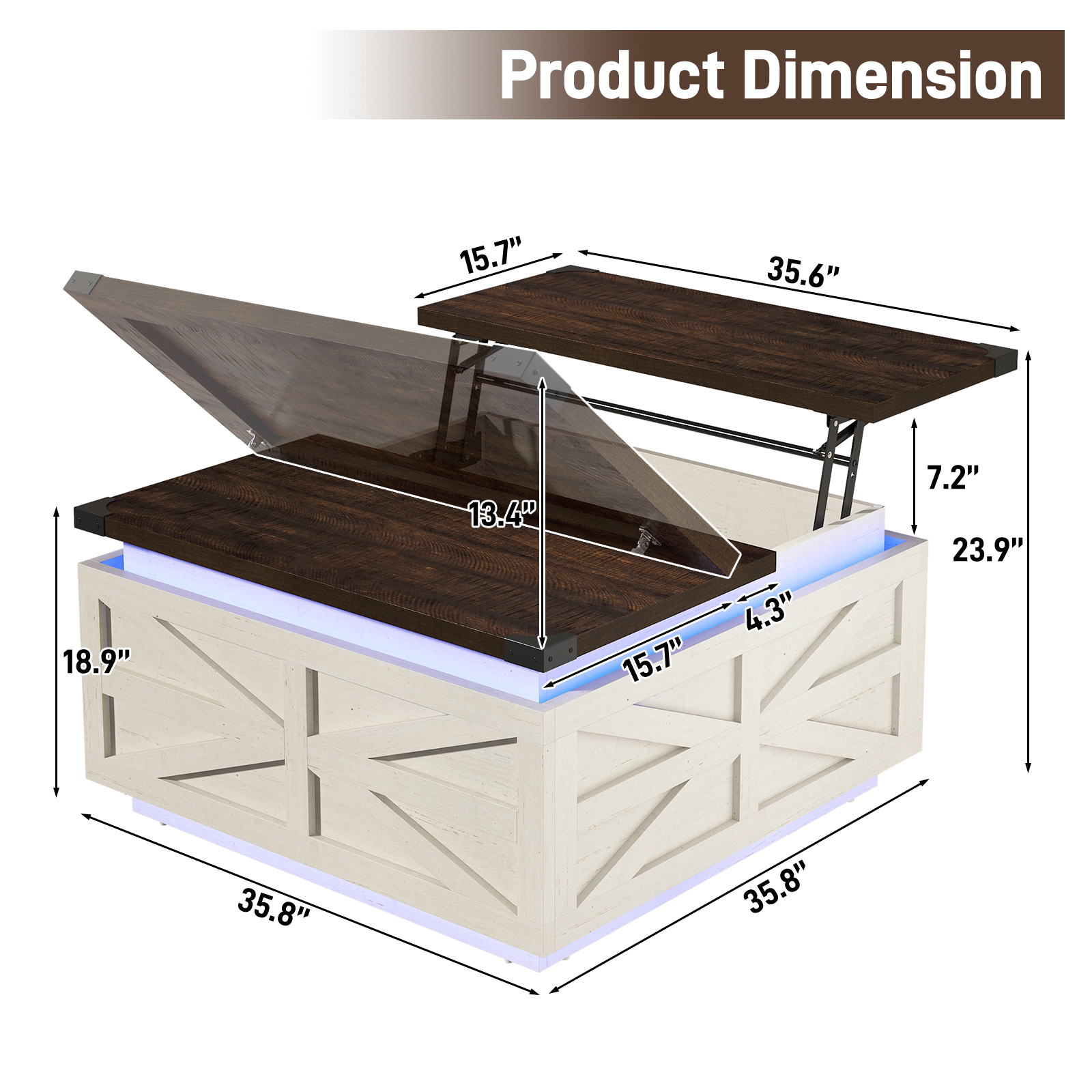 ChVans Farmhouse Lift Top Coffee Table, 35.8'' Large Square Coffee Table with Flip-Up Hidden Storage Compartment, White Center Table with LED Light for Living Room, Bedroom, Home Office