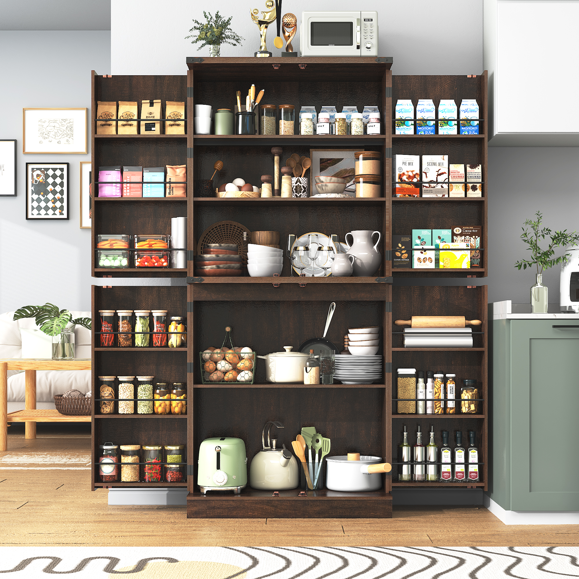 ChVans 71" Tall Farmhouse Kitchen Pantry with 6 Door Shelves & 3 Pack Drawers, 7 Layers Pantry Storage Cabinet w/Load-Bearing Steel Pipe/4 Barn Doors for Kitchen, Dining Room, Living Room,Brown