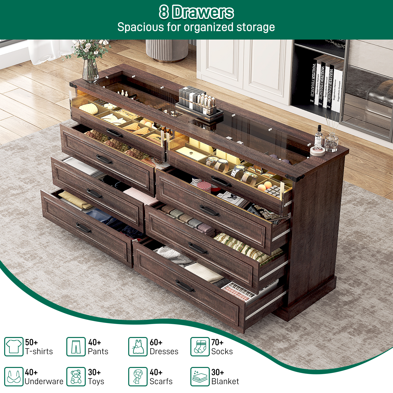 ChVans 8 Drawer Dresser for Bedroom, 63"W Farmhouse Wooden Dresser for Closet with Glass Top & Jewelry Drawers, Modern Double Wide Chest of Drawers with LED Lights