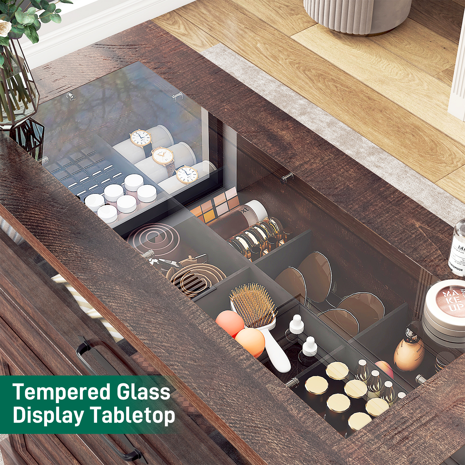 ChVans 8 Drawer Dresser for Bedroom, 63"W Farmhouse Wooden Dresser for Closet with Glass Top & Jewelry Drawers, Modern Double Wide Chest of Drawers with LED Lights