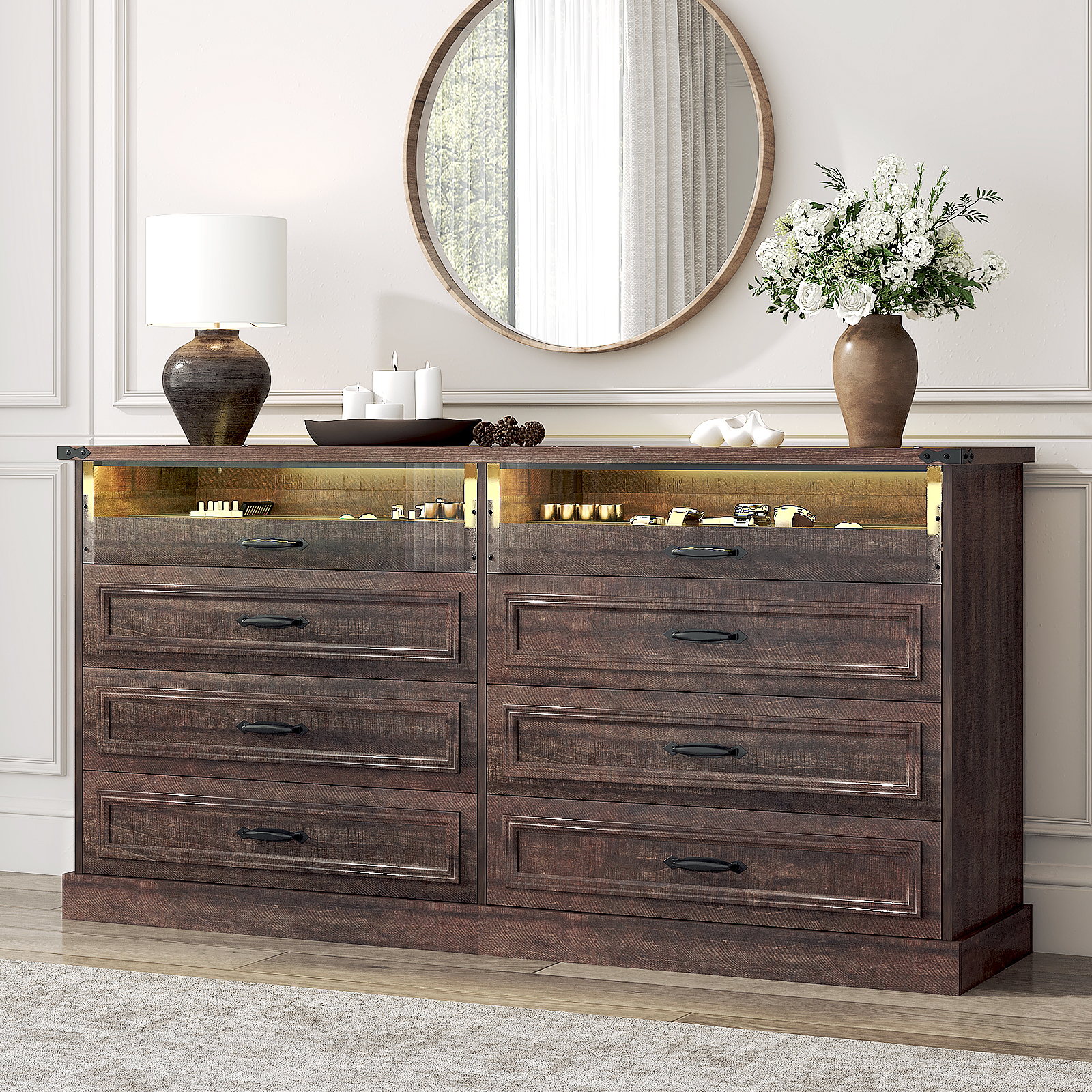 ChVans 8 Drawer Dresser for Bedroom, 63"W Farmhouse Wooden Dresser for Closet with Glass Top & Jewelry Drawers, Modern Double Wide Chest of Drawers with LED Lights