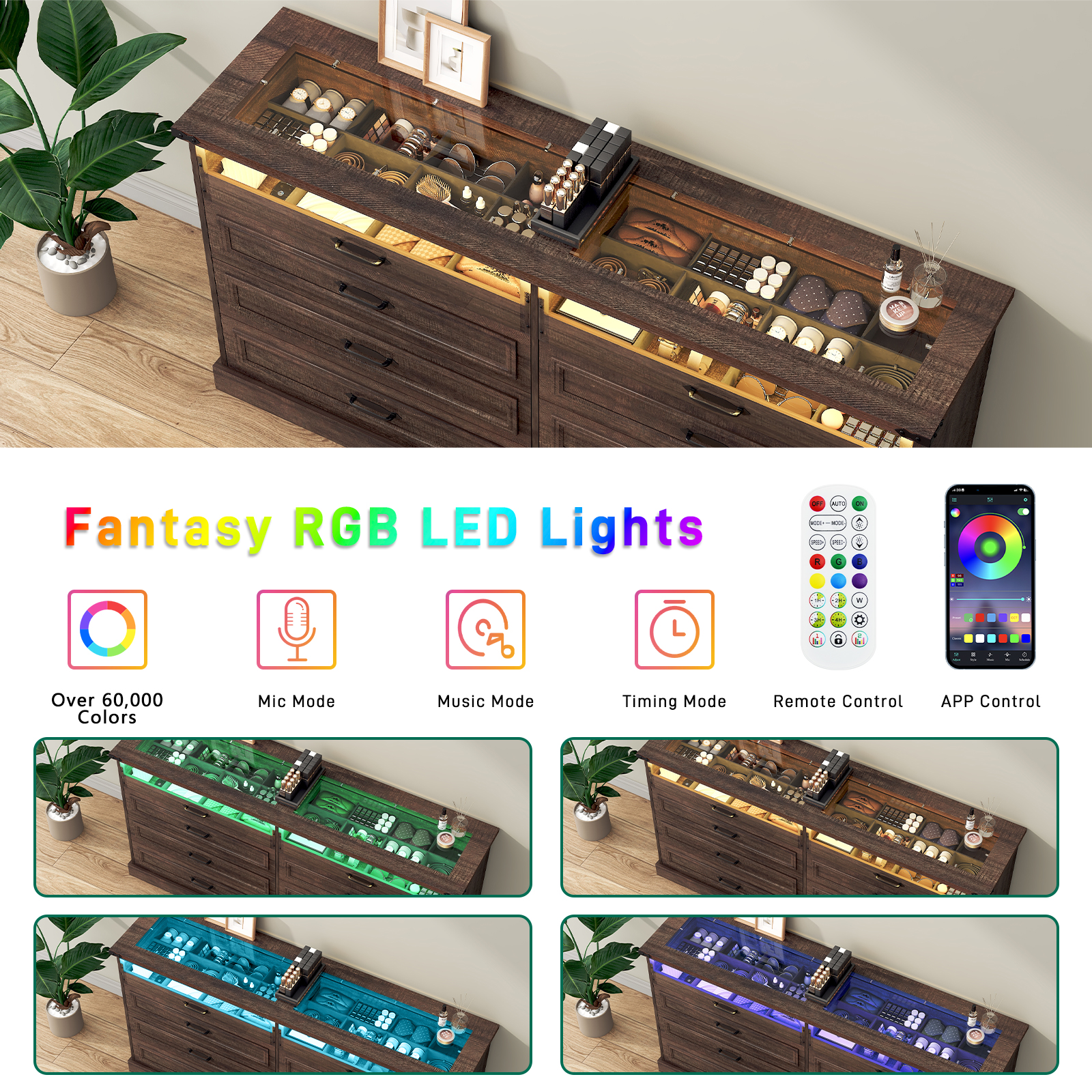 ChVans 8 Drawer Dresser for Bedroom, 63"W Farmhouse Wooden Dresser for Closet with Glass Top & Jewelry Drawers, Modern Double Wide Chest of Drawers with LED Lights