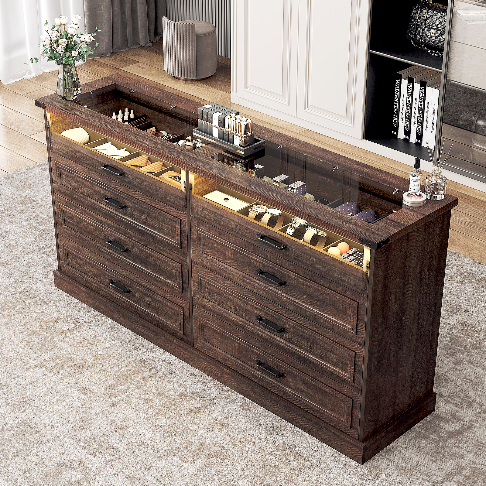 ChVans 8 Drawer Dresser for Bedroom, 63"W Farmhouse Wooden Dresser for Closet with Glass Top & Jewelry Drawers, Modern Double Wide Chest of Drawers with LED Lights