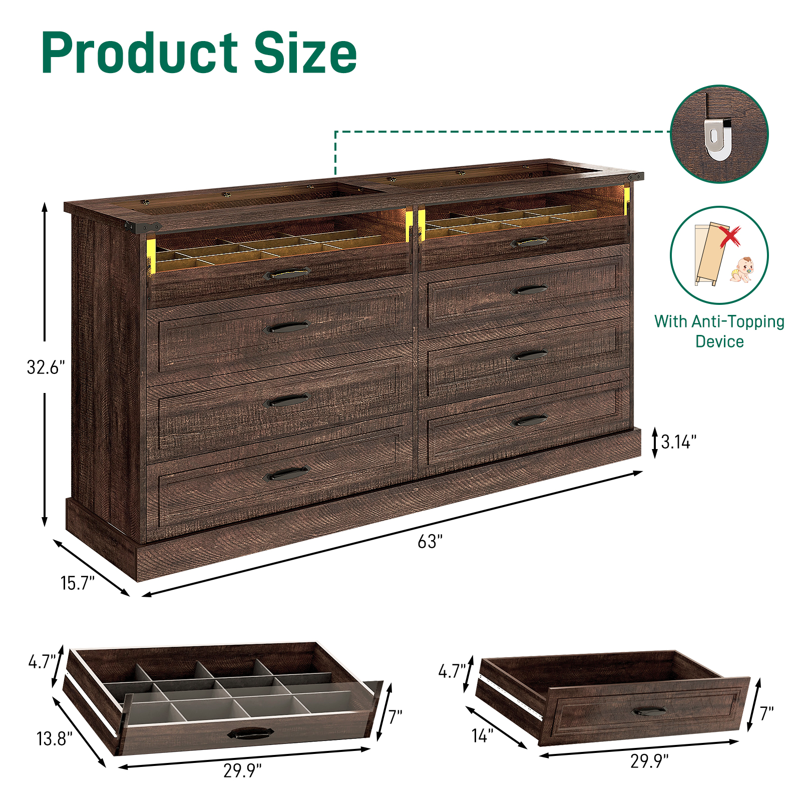 ChVans 8 Drawer Dresser for Bedroom, 63"W Farmhouse Wooden Dresser for Closet with Glass Top & Jewelry Drawers, Modern Double Wide Chest of Drawers with LED Lights