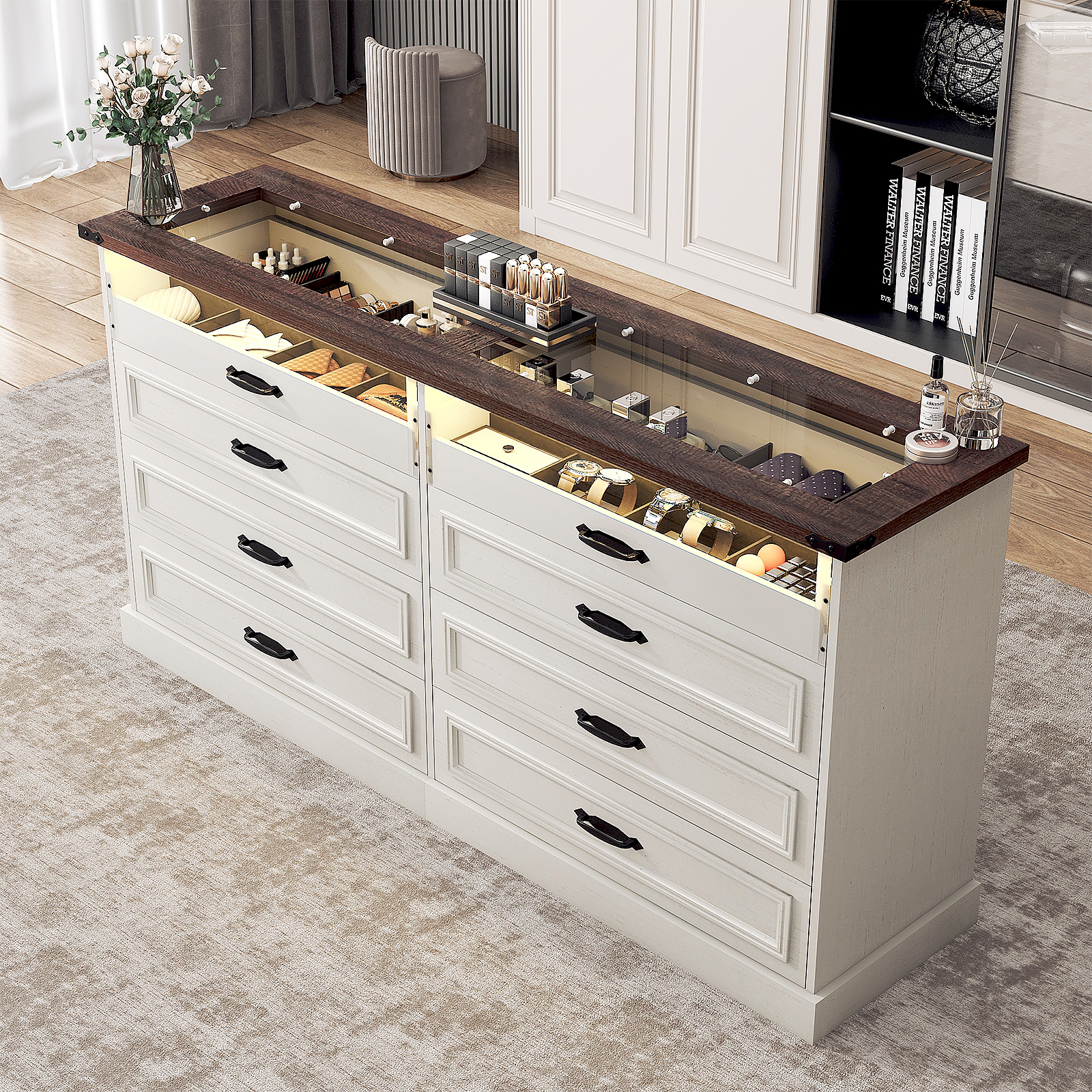 ChVans 8 Drawer Dresser for Bedroom, 63"W Farmhouse Wooden Dresser for Closet with Glass Top & Jewelry Drawers, Modern Double Wide Chest of Drawers with LED Lights