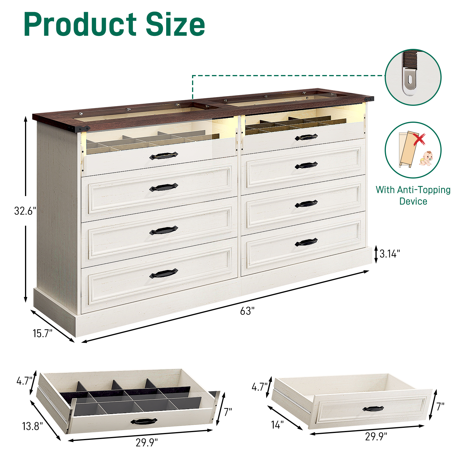 ChVans 8 Drawer Dresser for Bedroom, 63"W Farmhouse Wooden Dresser for Closet with Glass Top & Jewelry Drawers, Modern Double Wide Chest of Drawers with LED Lights