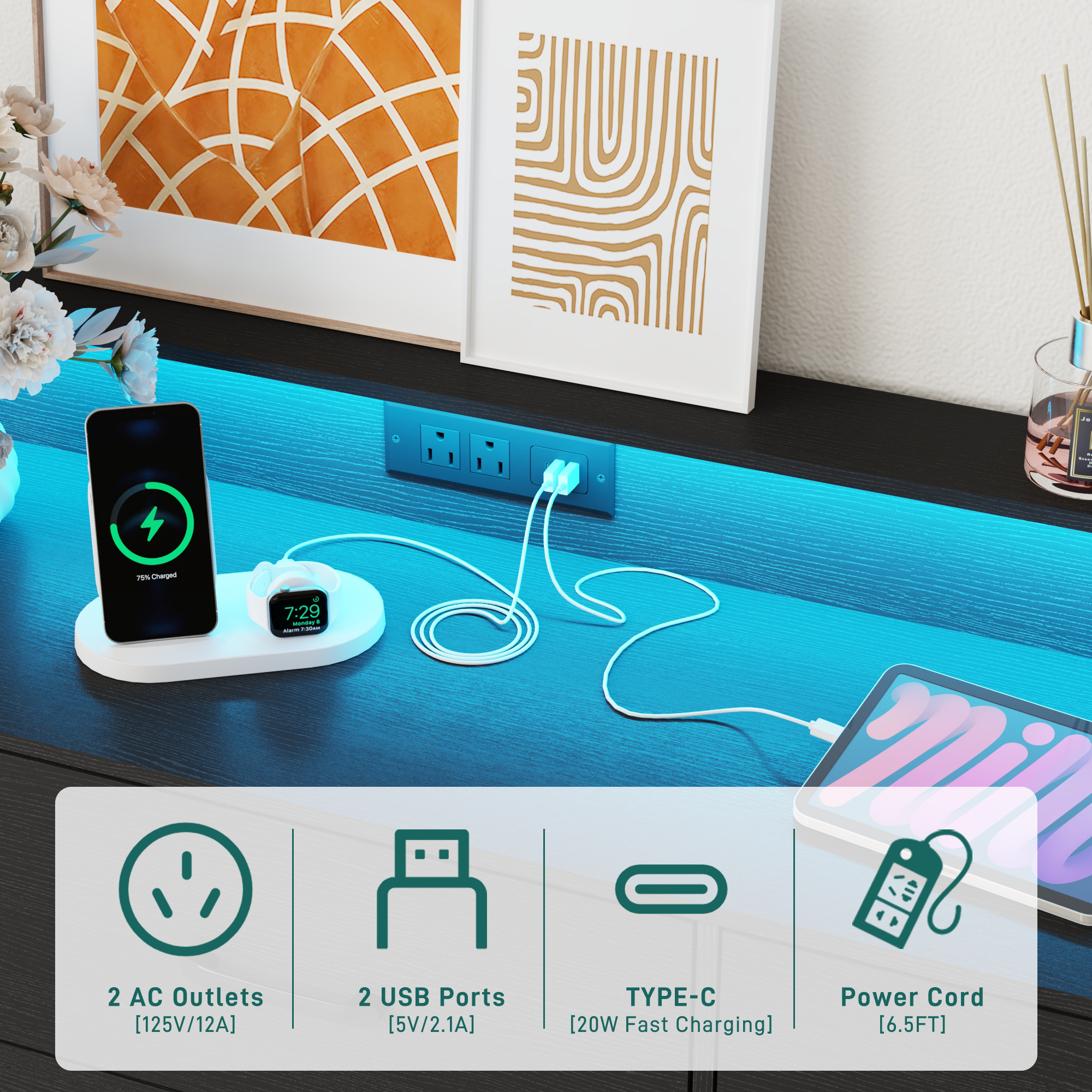 9 Drawer Dresser for Bedroom, 63" Large Long Wood dresser with Power Outlet, LED Light and Deep Big Drawers, Modern Minimalist Black Dresser Wide Chest of Drawers for Bedroom, Living Room