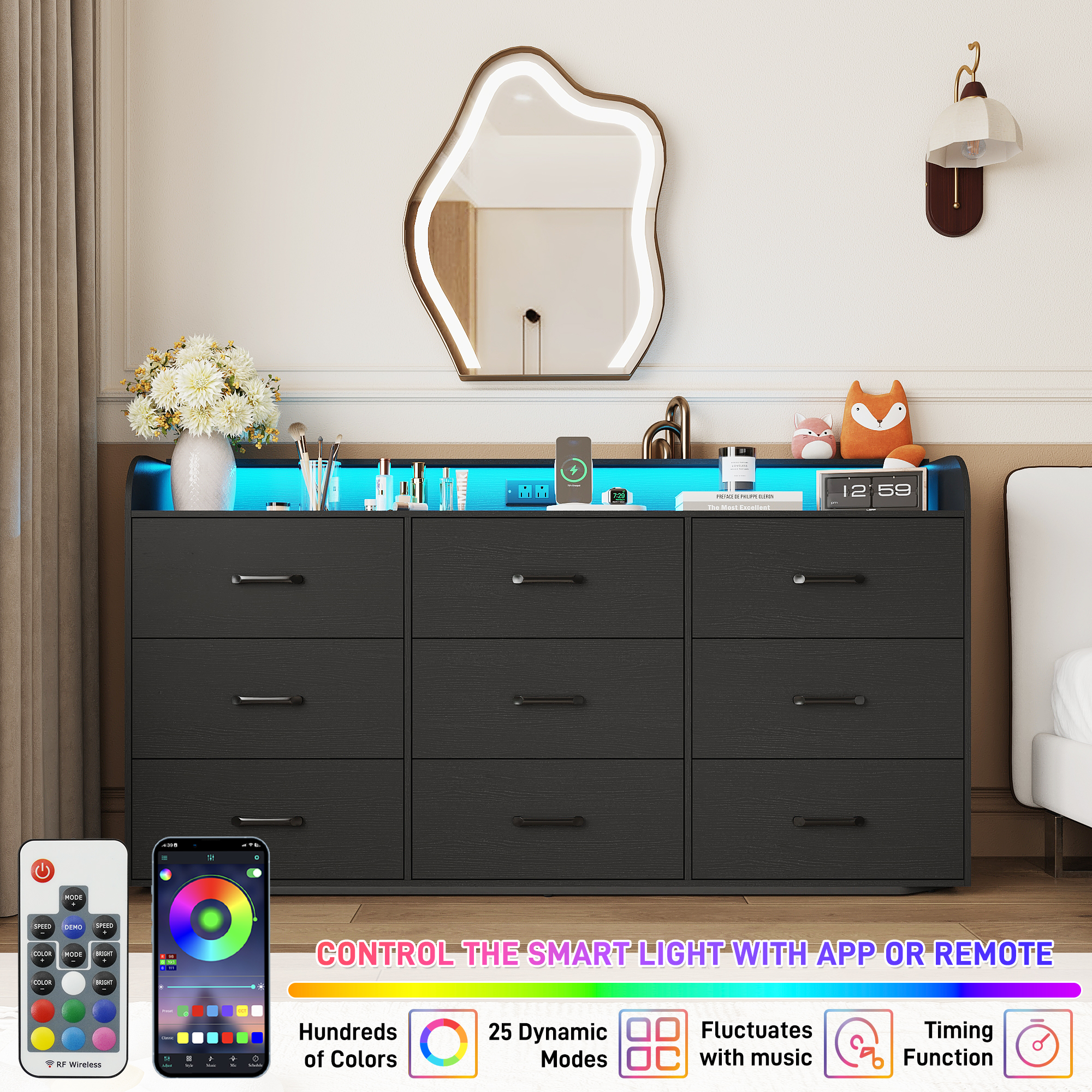9 Drawer Dresser for Bedroom, 63" Large Long Wood dresser with Power Outlet, LED Light and Deep Big Drawers, Modern Minimalist Black Dresser Wide Chest of Drawers for Bedroom, Living Room