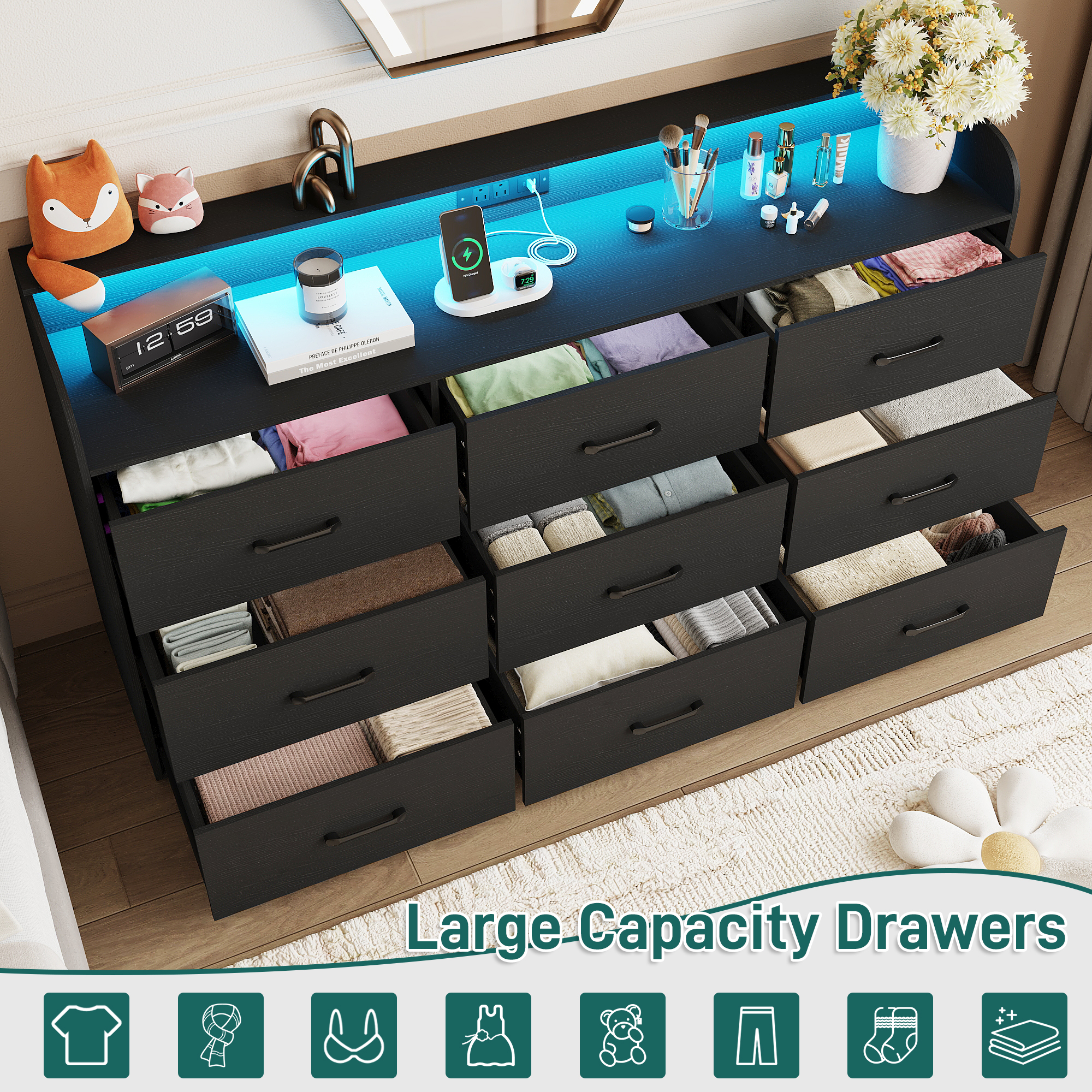 9 Drawer Dresser for Bedroom, 63" Large Long Wood dresser with Power Outlet, LED Light and Deep Big Drawers, Modern Minimalist Black Dresser Wide Chest of Drawers for Bedroom, Living Room