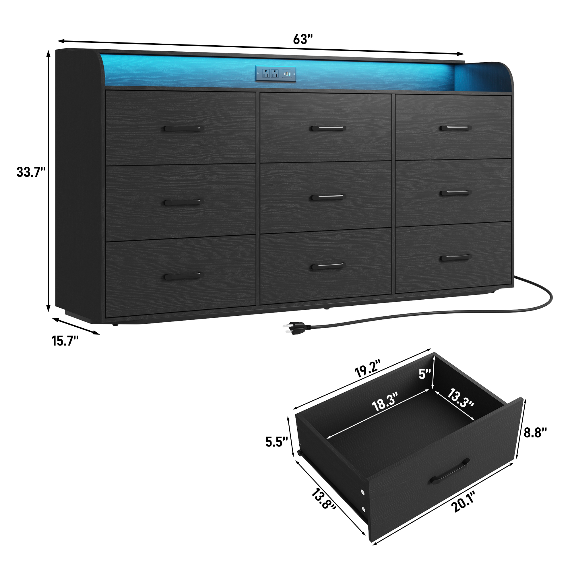 9 Drawer Dresser for Bedroom, 63" Large Long Wood dresser with Power Outlet, LED Light and Deep Big Drawers, Modern Minimalist Black Dresser Wide Chest of Drawers for Bedroom, Living Room
