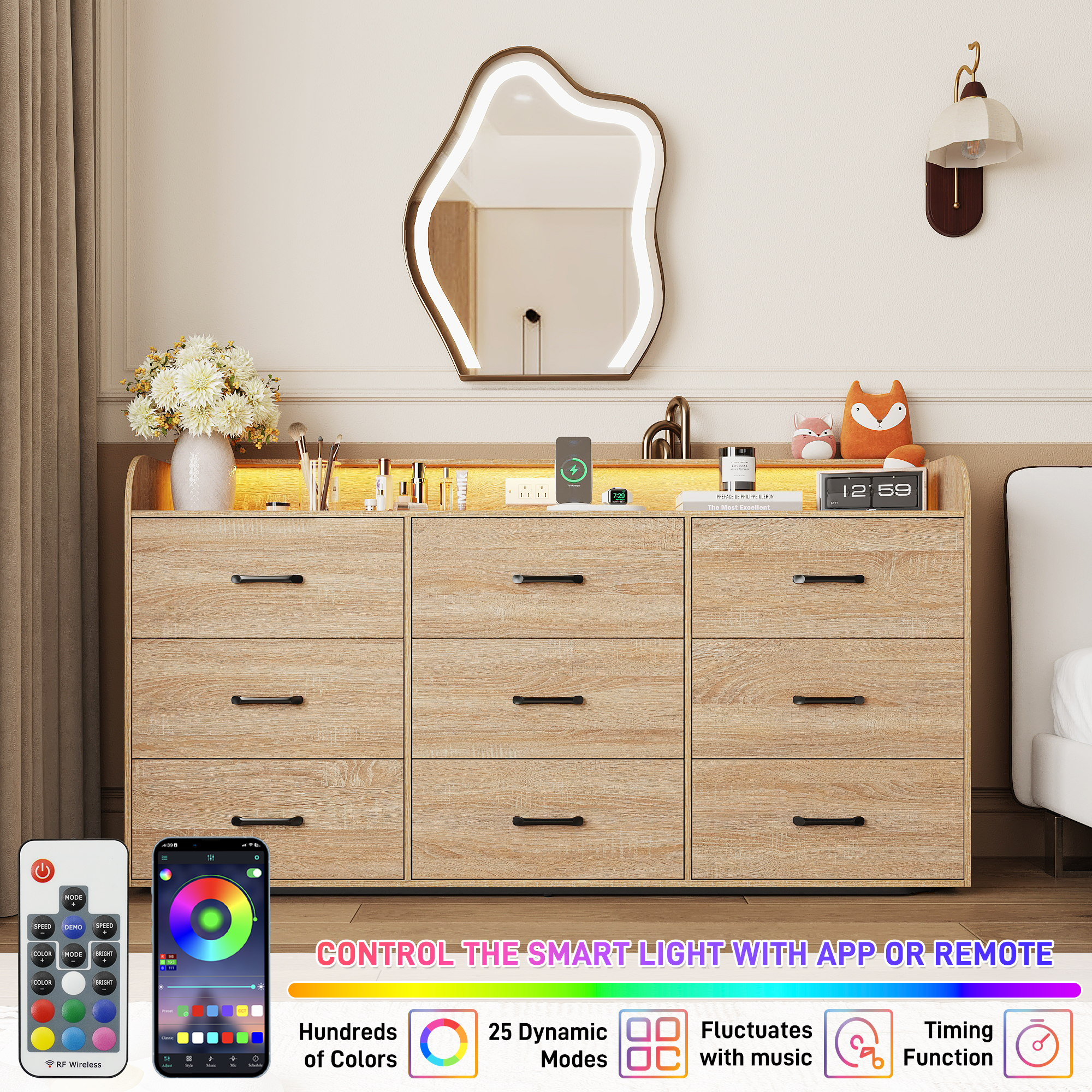 9 Drawer Dresser for Bedroom, 63" Large Long Wood dresser with Power Outlet, LED Light and Deep Big Drawers, Modern Minimalist Black Dresser Wide Chest of Drawers for Bedroom, Living Room