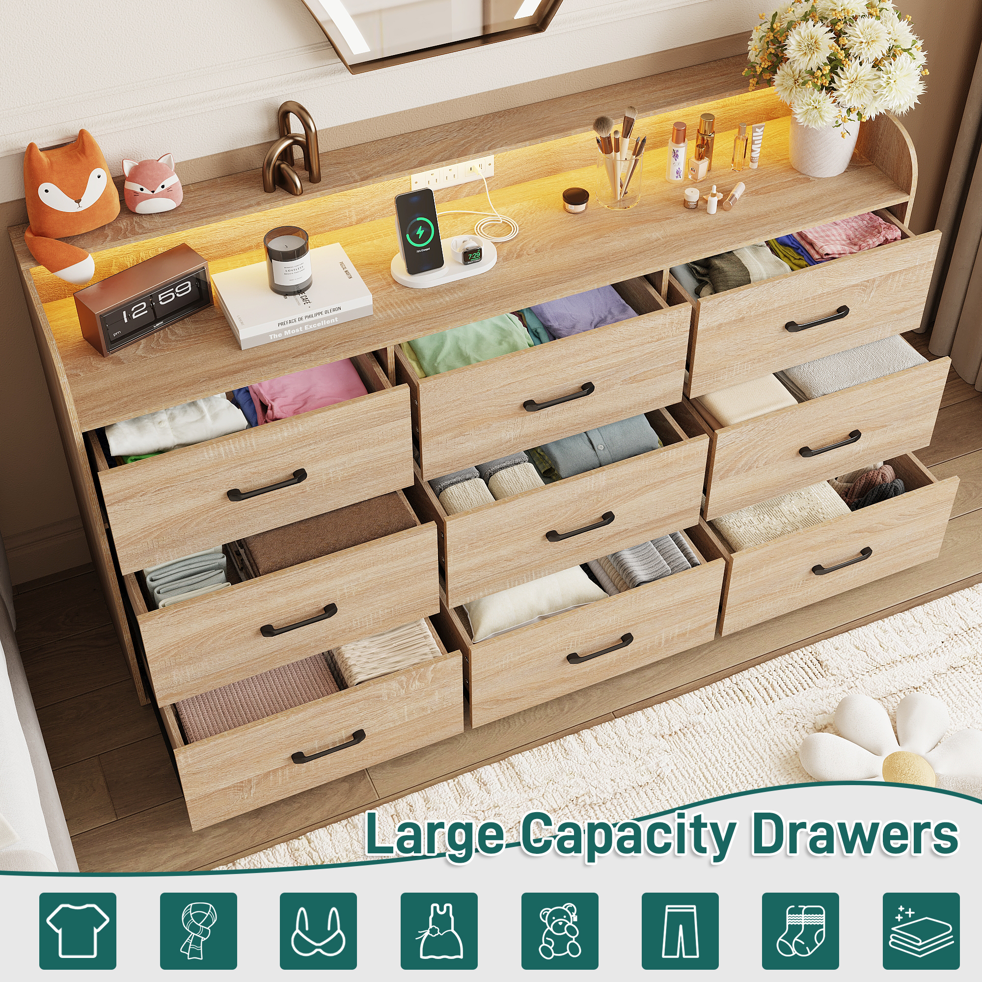 9 Drawer Dresser for Bedroom, 63" Large Long Wood dresser with Power Outlet, LED Light and Deep Big Drawers, Modern Minimalist Black Dresser Wide Chest of Drawers for Bedroom, Living Room