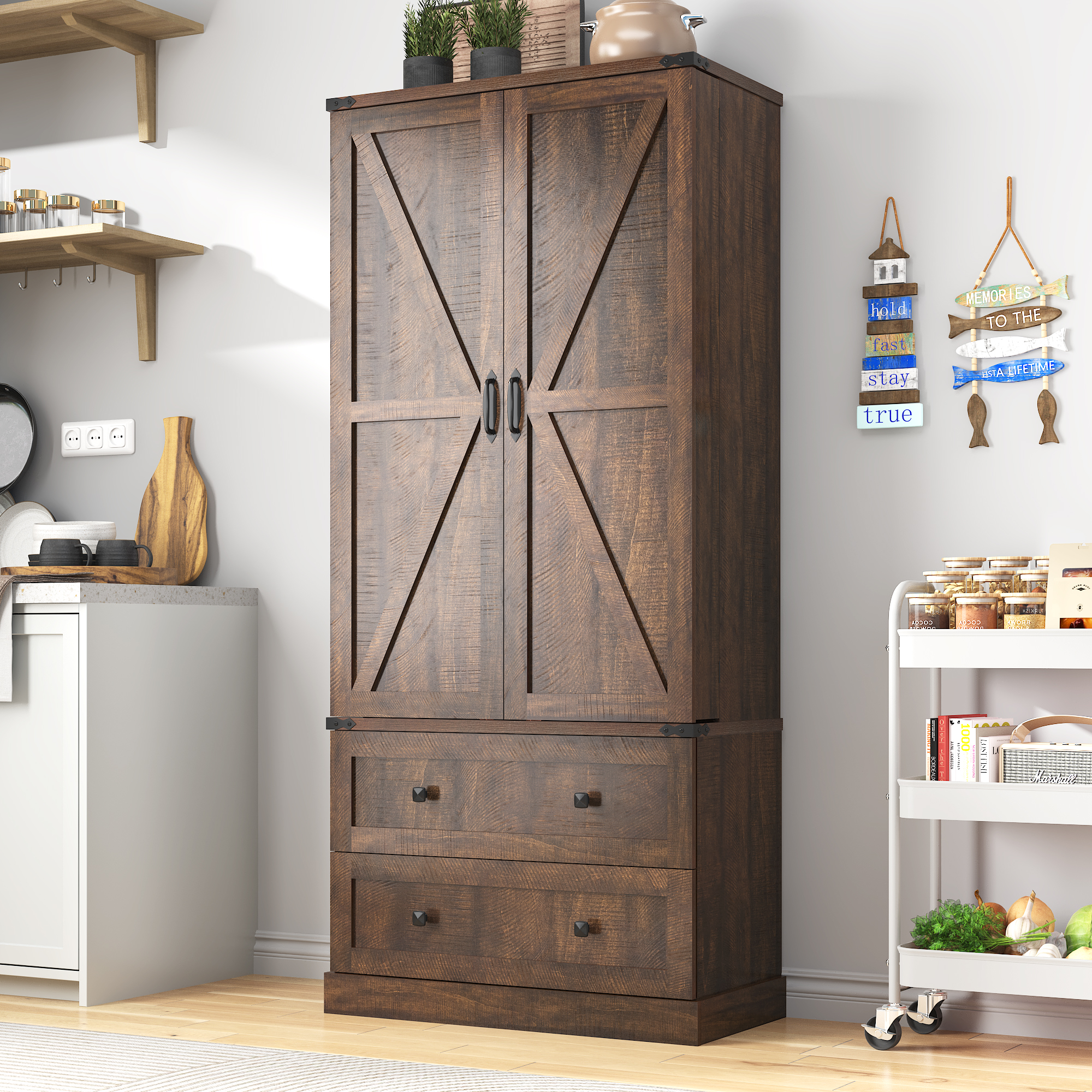 71''Tall Farmhouse Kitchen Pantry Cabinet, 3 Layers Storage Cabinet, 2 Drawers, 8 Hanging Shelves, Adjustable Shelves, Versatile Large Rustic Cabinet for Kitchen, Dining Room, Living Room, Bathroom