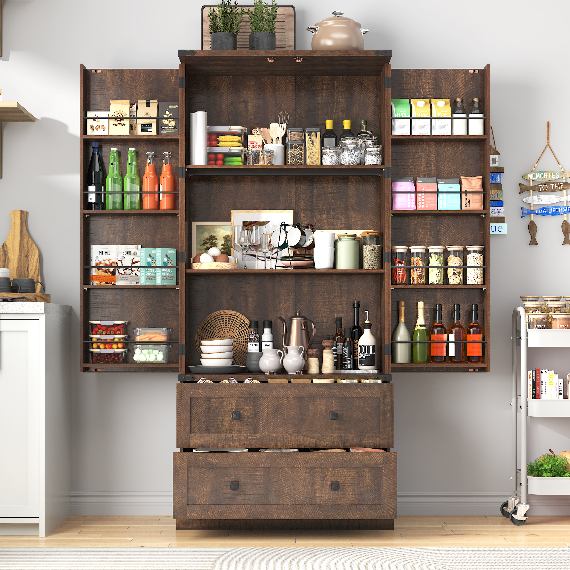 71''Tall Farmhouse Kitchen Pantry Cabinet, 3 Layers Storage Cabinet, 2 Drawers, 8 Hanging Shelves, Adjustable Shelves, Versatile Large Rustic Cabinet for Kitchen, Dining Room, Living Room, Bathroom