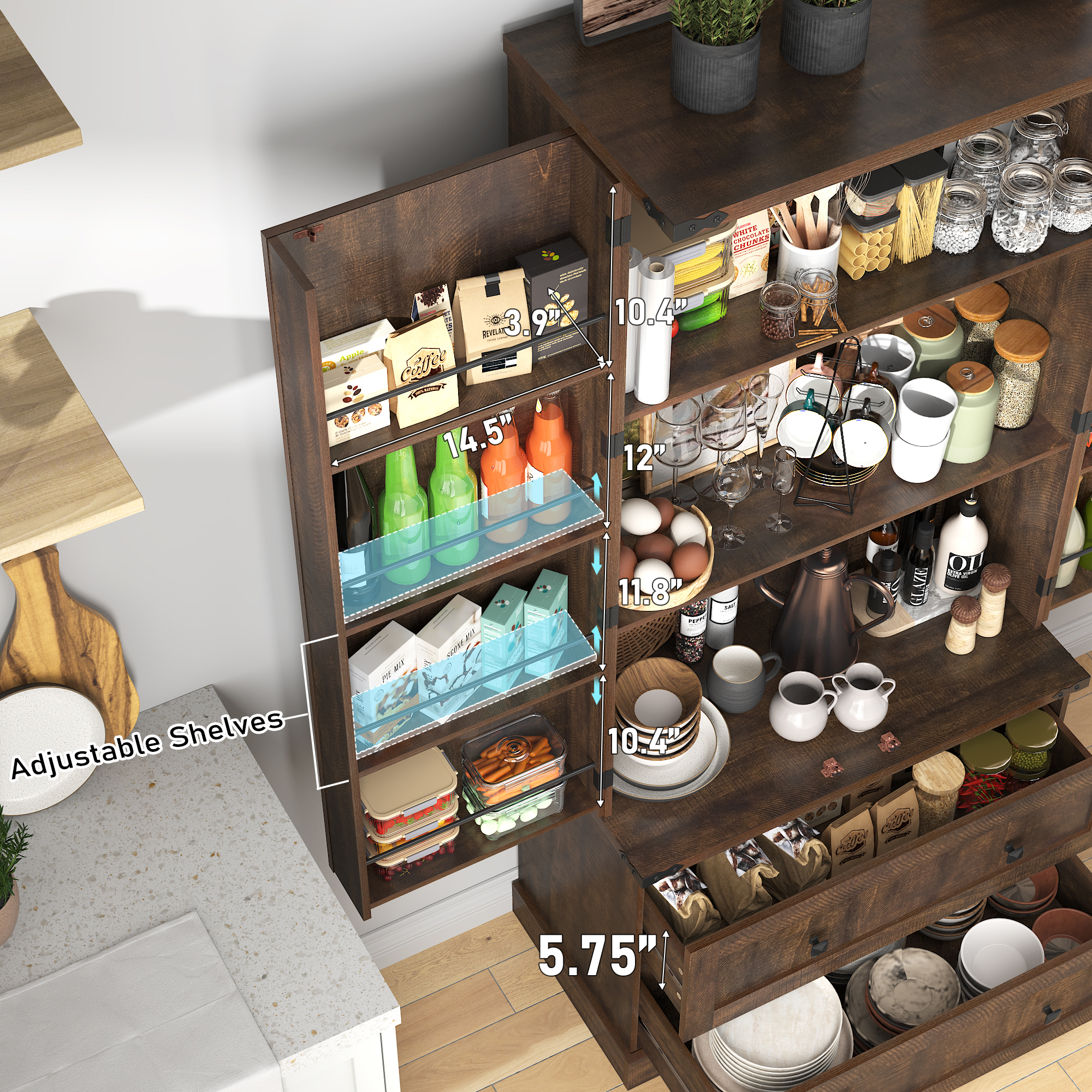 71''Tall Farmhouse Kitchen Pantry Cabinet, 3 Layers Storage Cabinet, 2 Drawers, 8 Hanging Shelves, Adjustable Shelves, Versatile Large Rustic Cabinet for Kitchen, Dining Room, Living Room, Bathroom