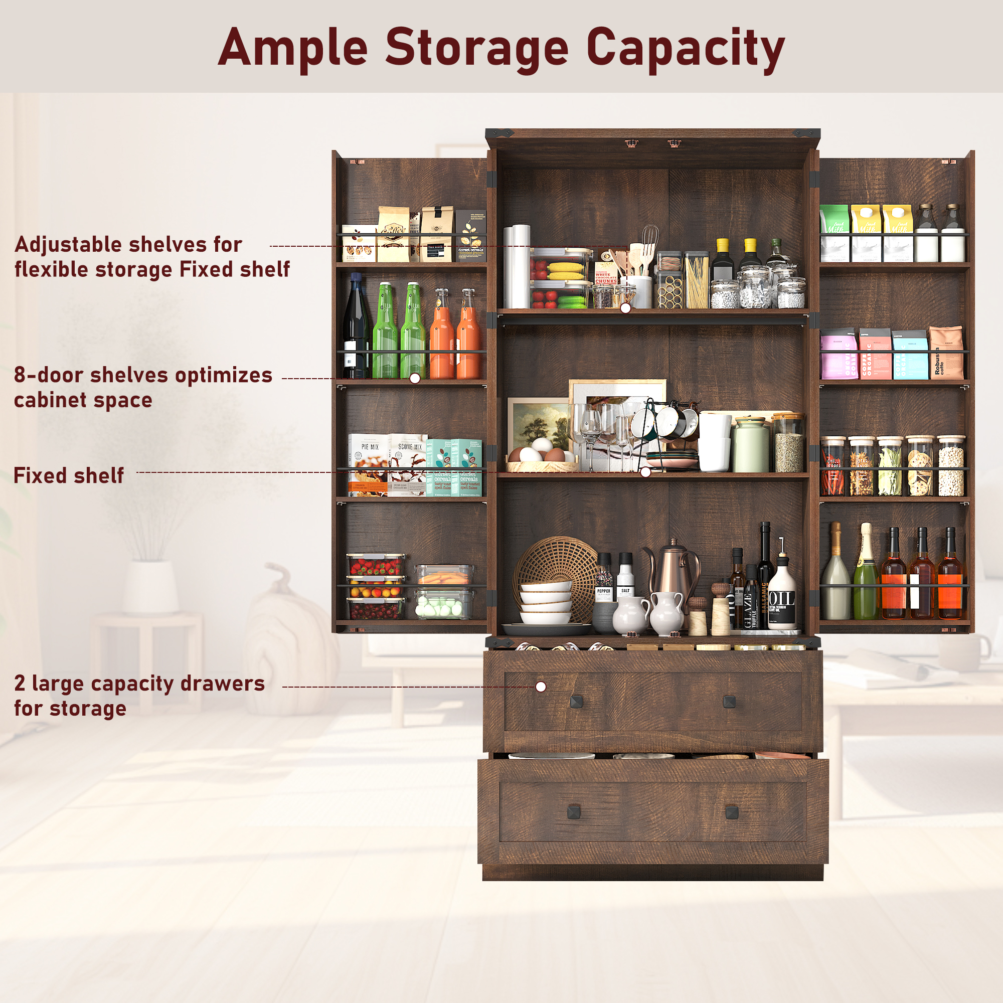 71''Tall Farmhouse Kitchen Pantry Cabinet, 3 Layers Storage Cabinet, 2 Drawers, 8 Hanging Shelves, Adjustable Shelves, Versatile Large Rustic Cabinet for Kitchen, Dining Room, Living Room, Bathroom