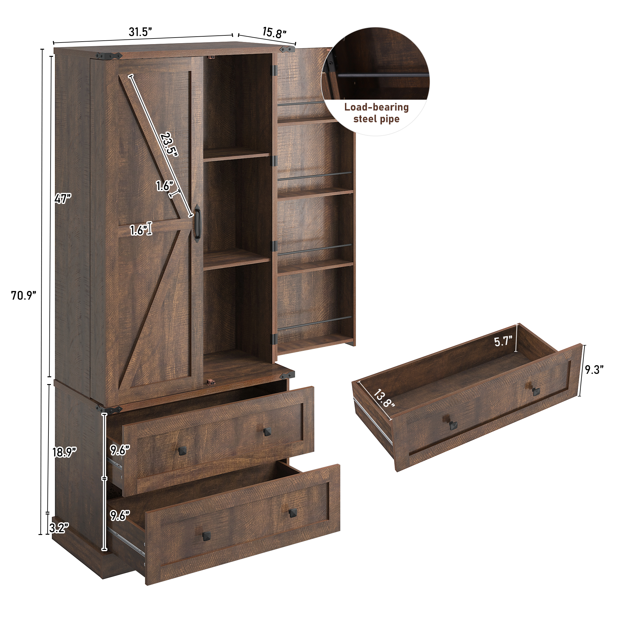 71''Tall Farmhouse Kitchen Pantry Cabinet, 3 Layers Storage Cabinet, 2 Drawers, 8 Hanging Shelves, Adjustable Shelves, Versatile Large Rustic Cabinet for Kitchen, Dining Room, Living Room, Bathroom