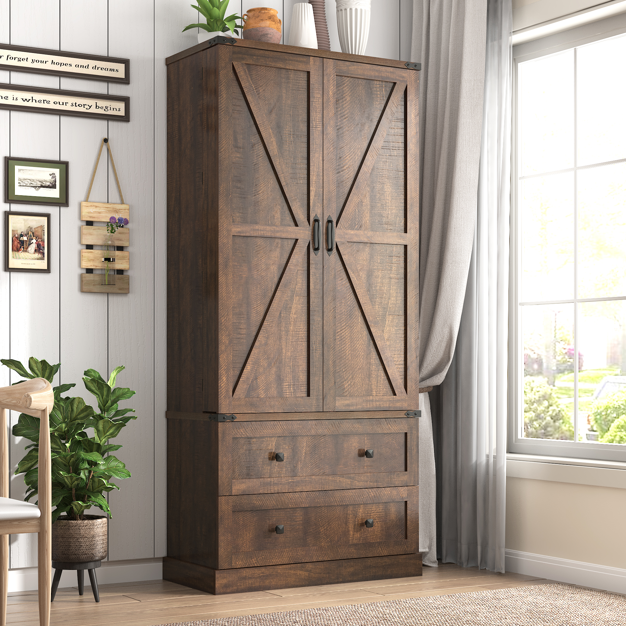 71''Tall Farmhouse Kitchen Pantry Cabinet, 3 Layers Storage Cabinet, 2 Drawers, 8 Hanging Shelves, Adjustable Shelves, Versatile Large Rustic Cabinet for Kitchen, Dining Room, Living Room, Bathroom
