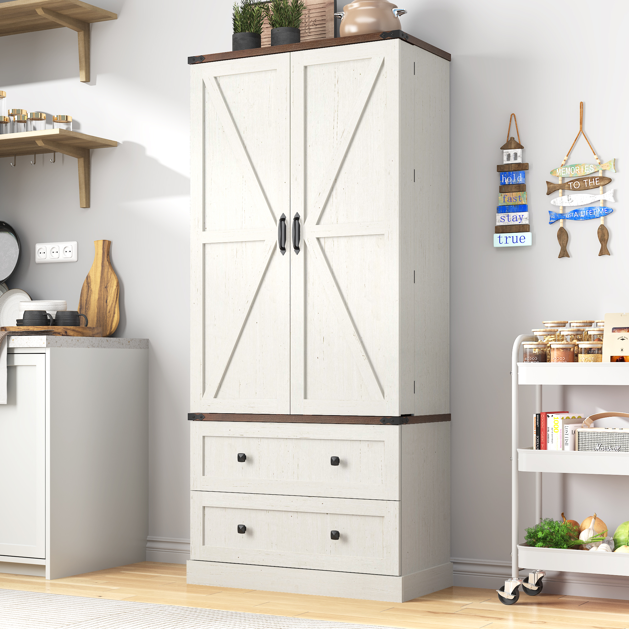 71''Tall Farmhouse Kitchen Pantry Cabinet, 3 Layers Storage Cabinet, 2 Drawers, 8 Hanging Shelves, Adjustable Shelves, Versatile Large Rustic Cabinet for Kitchen, Dining Room, Living Room, Bathroom