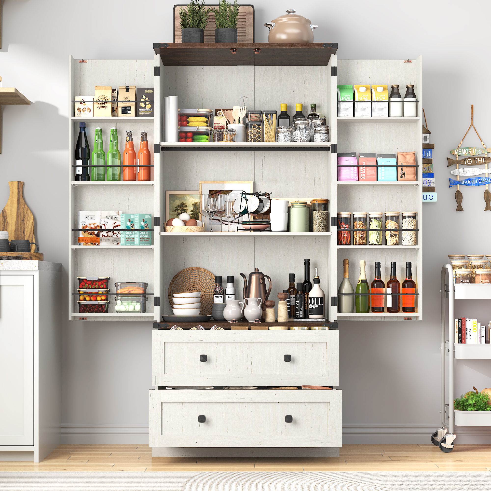 71''Tall Farmhouse Kitchen Pantry Cabinet, 3 Layers Storage Cabinet, 2 Drawers, 8 Hanging Shelves, Adjustable Shelves, Versatile Large Rustic Cabinet for Kitchen, Dining Room, Living Room, Bathroom