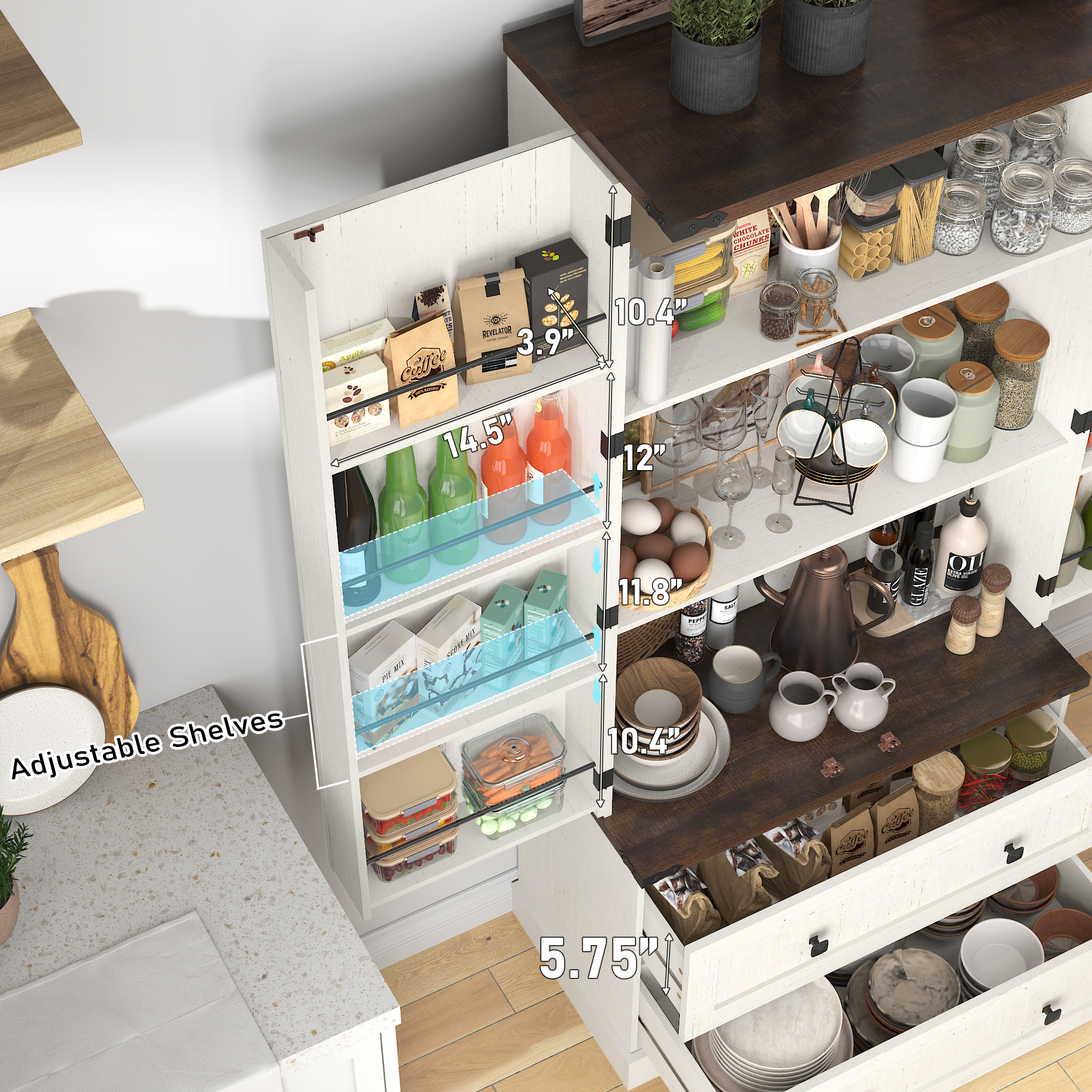 71''Tall Farmhouse Kitchen Pantry Cabinet, 3 Layers Storage Cabinet, 2 Drawers, 8 Hanging Shelves, Adjustable Shelves, Versatile Large Rustic Cabinet for Kitchen, Dining Room, Living Room, Bathroom