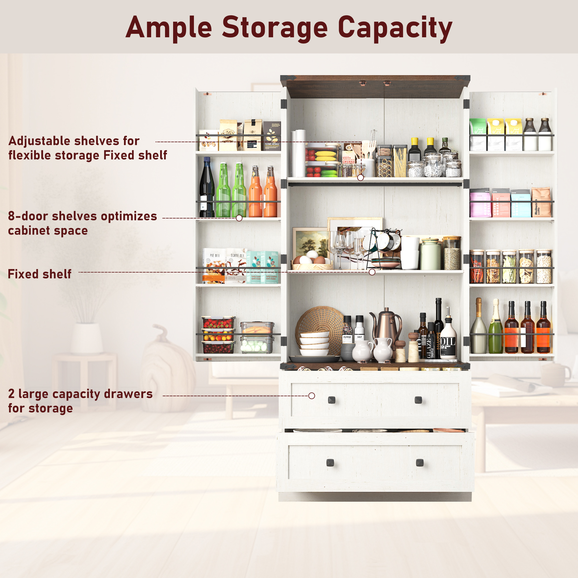 71''Tall Farmhouse Kitchen Pantry Cabinet, 3 Layers Storage Cabinet, 2 Drawers, 8 Hanging Shelves, Adjustable Shelves, Versatile Large Rustic Cabinet for Kitchen, Dining Room, Living Room, Bathroom