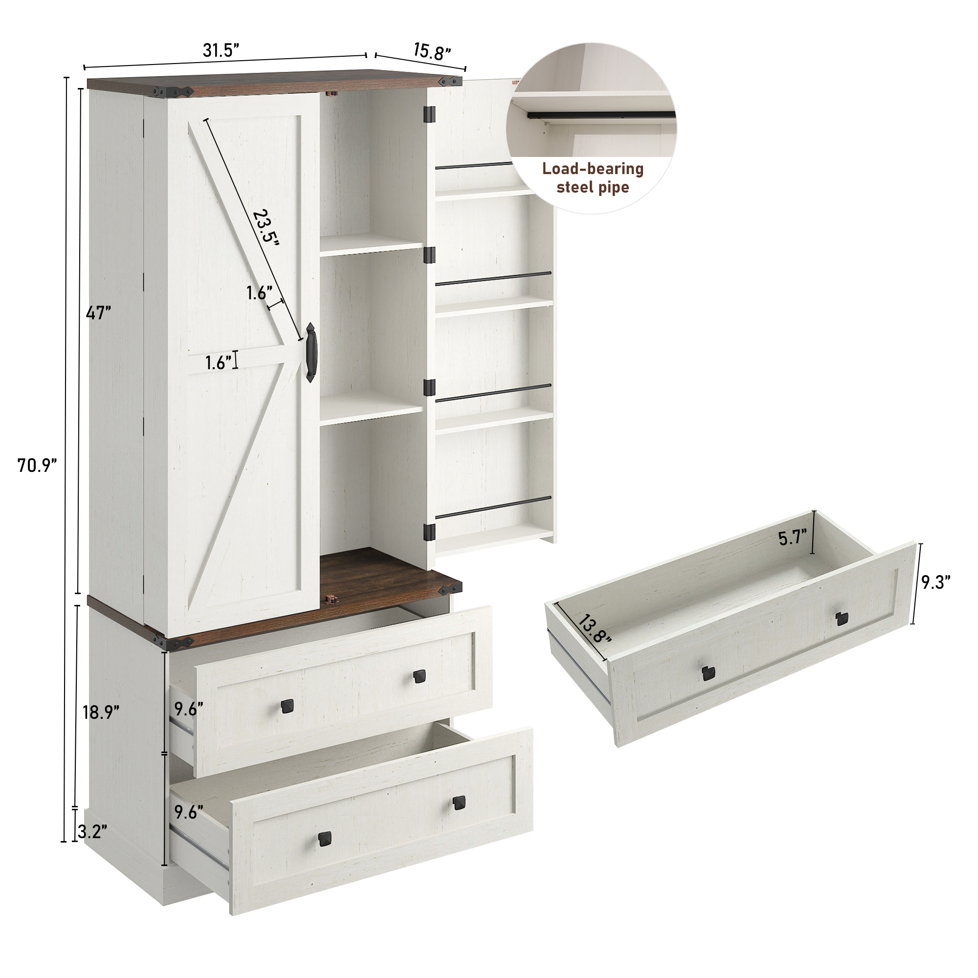 71''Tall Farmhouse Kitchen Pantry Cabinet, 3 Layers Storage Cabinet, 2 Drawers, 8 Hanging Shelves, Adjustable Shelves, Versatile Large Rustic Cabinet for Kitchen, Dining Room, Living Room, Bathroom