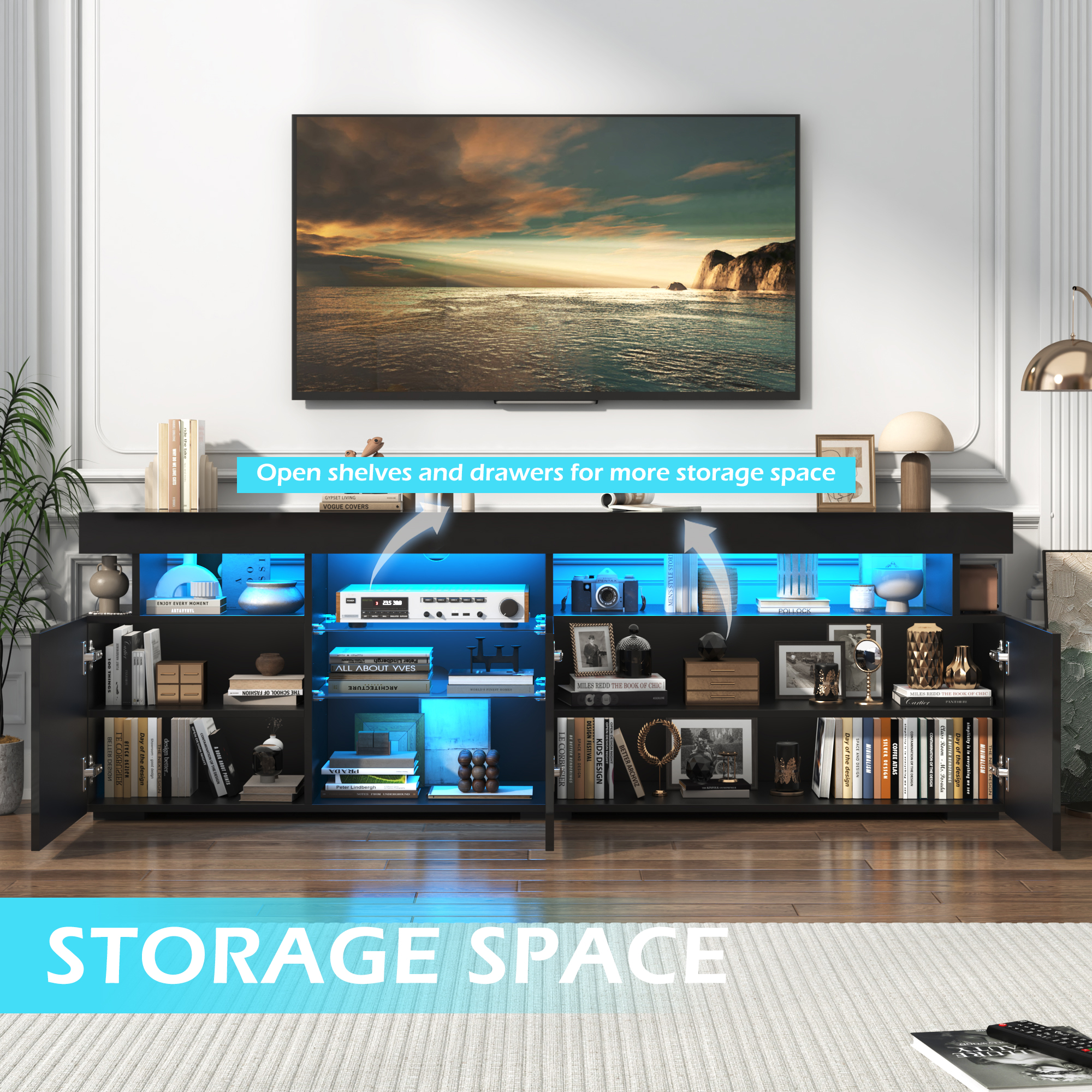 ChVans LED TV Stand for 75/80inch, 2 Tier TV Console Cabinet with Storage Cabinet & Open Shelf, 70'' High Glassy Modern Entertainment Center for Living Room, Bedroom