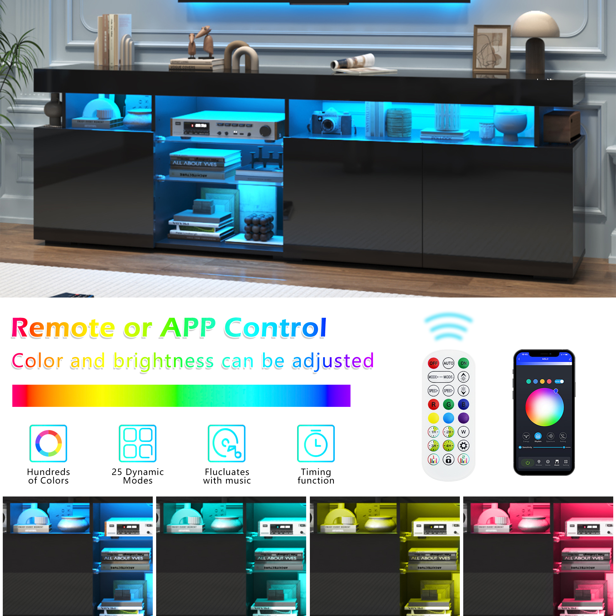 ANPOO 70.8'' LED TV Stand for TVs up to 80'', High Glossy Entertainment Center with Storage Cabinet, Modern TV Console Media Cabinet for Living Room, Bedroom