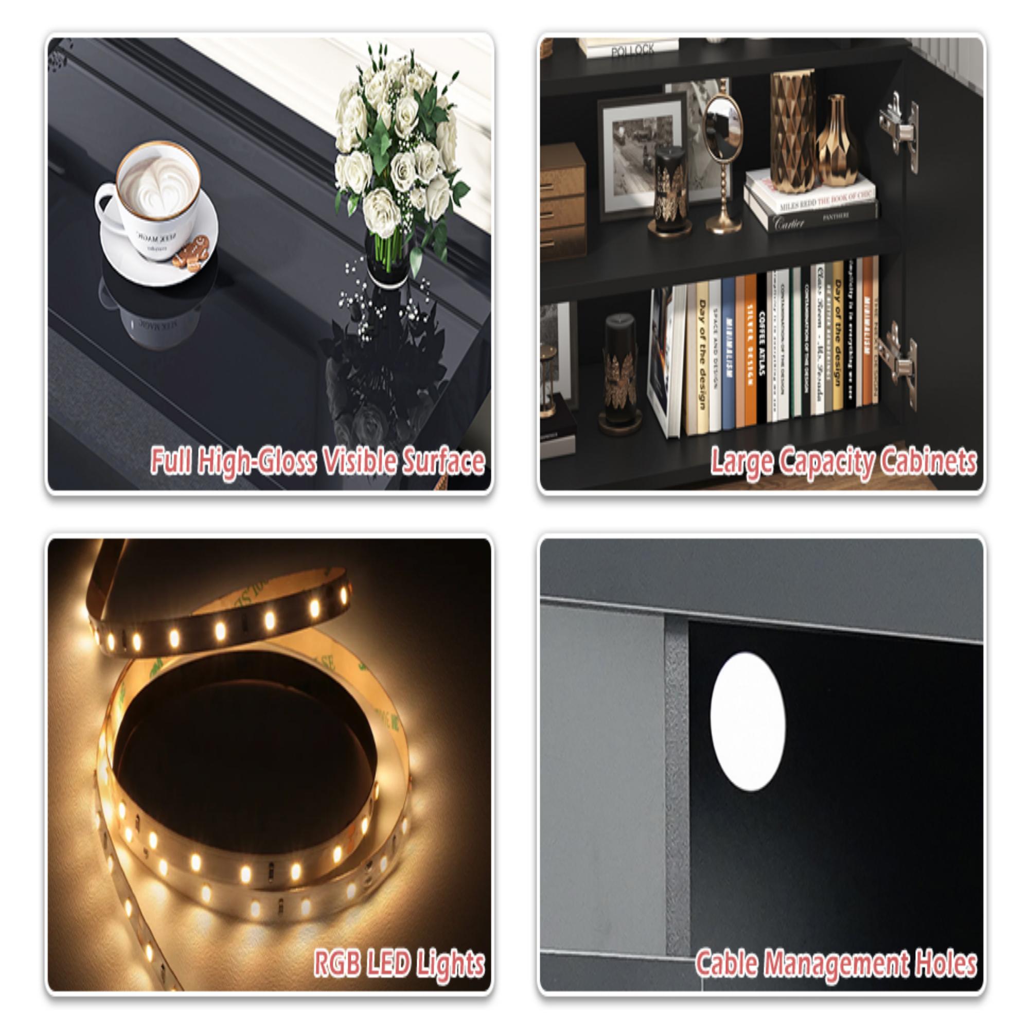 ChVans LED TV Stand for 75/80inch, 2 Tier TV Console Cabinet with Storage Cabinet & Open Shelf, 70'' High Glassy Modern Entertainment Center for Living Room, Bedroom