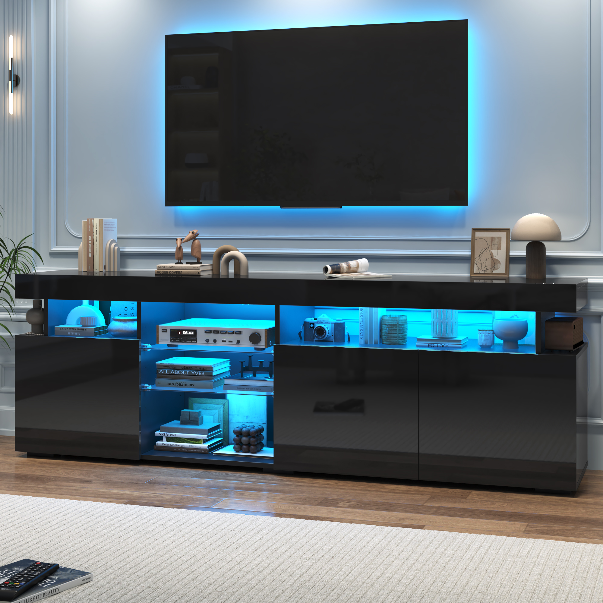 ChVans LED TV Stand for 75/80inch, 2 Tier TV Console Cabinet with Storage Cabinet & Open Shelf, 70'' High Glassy Modern Entertainment Center for Living Room, Bedroom