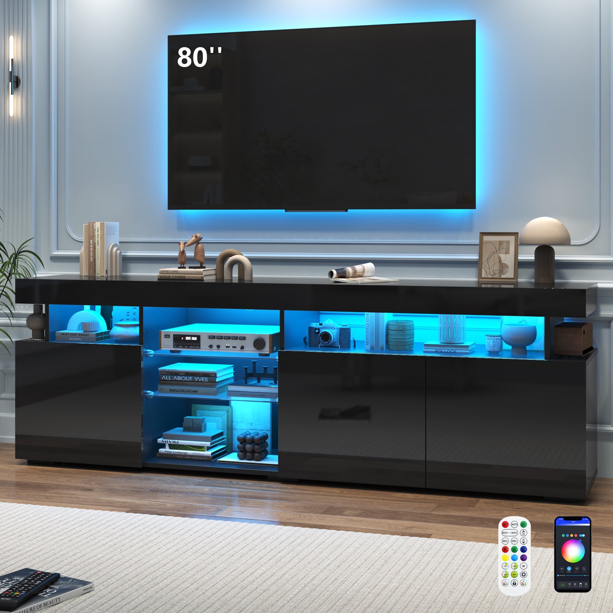 ANPOO 70.8'' LED TV Stand for TVs up to 80'', High Glossy Entertainment Center with Storage Cabinet, Modern TV Console Media Cabinet for Living Room, Bedroom