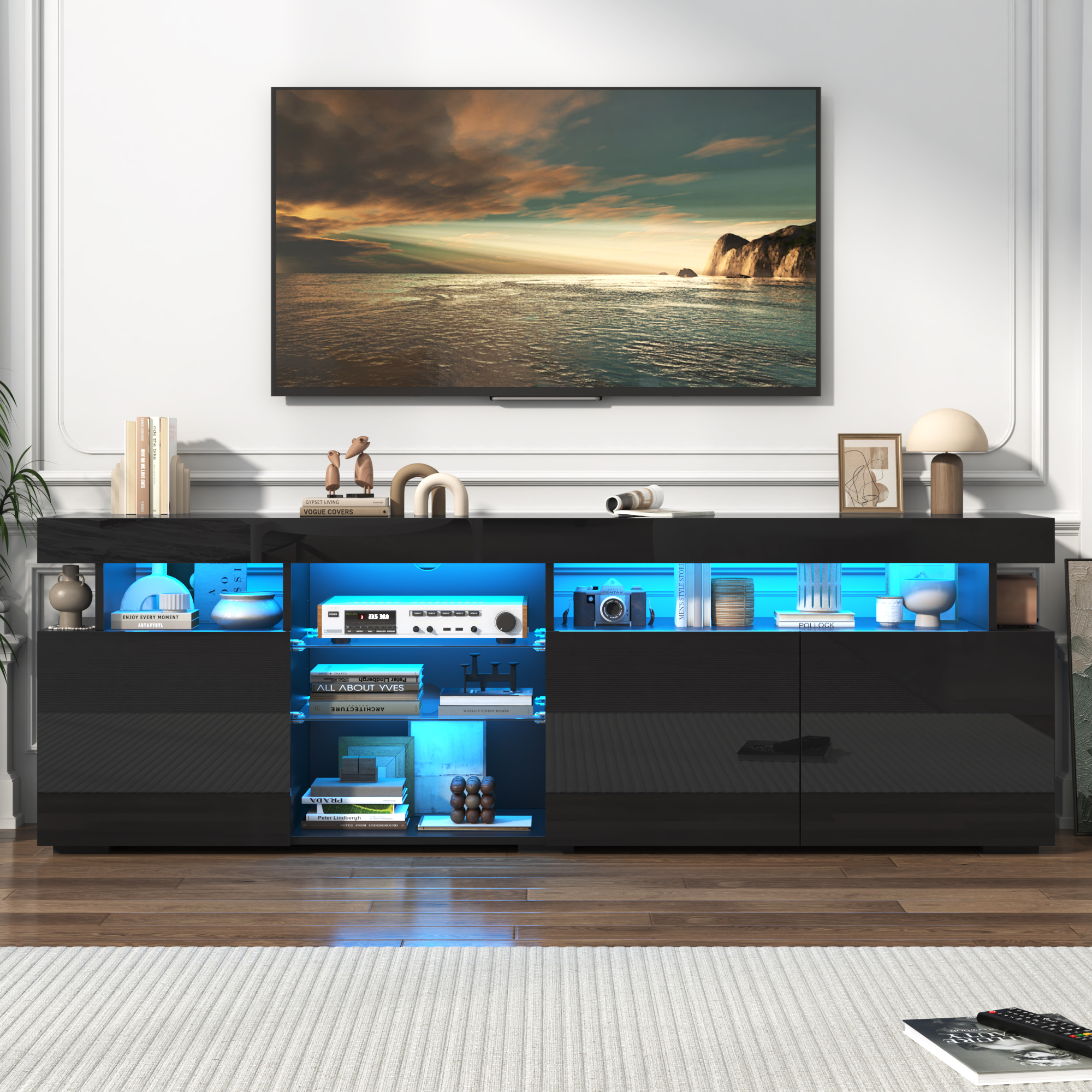 ANPOO 70.8'' LED TV Stand for TVs up to 80'', High Glossy Entertainment Center with Storage Cabinet, Modern TV Console Media Cabinet for Living Room, Bedroom