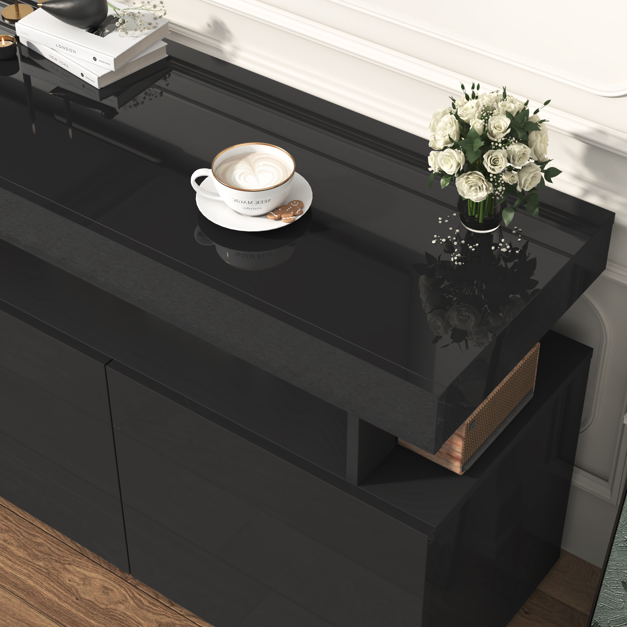 ANPOO 70.8'' LED TV Stand for TVs up to 80'', High Glossy Entertainment Center with Storage Cabinet, Modern TV Console Media Cabinet for Living Room, Bedroom