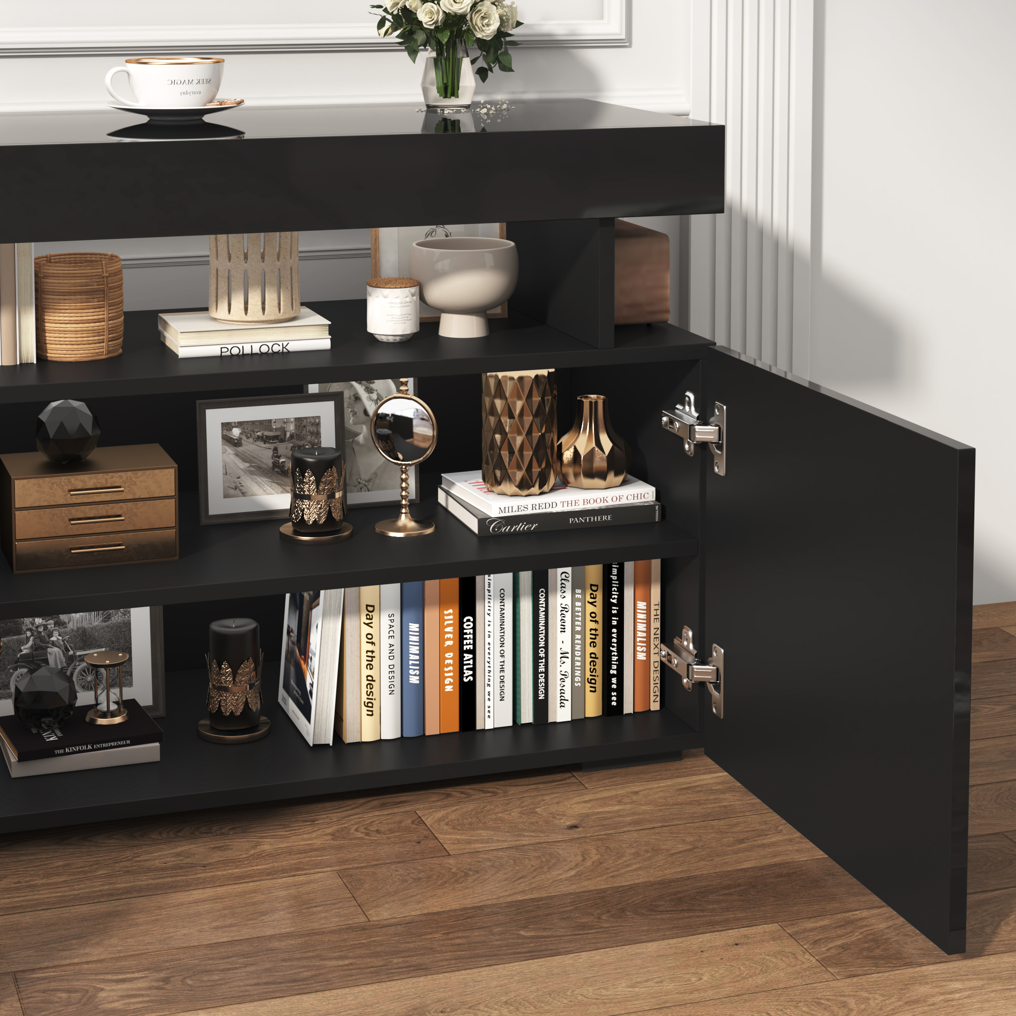 ANPOO 70.8'' LED TV Stand for TVs up to 80'', High Glossy Entertainment Center with Storage Cabinet, Modern TV Console Media Cabinet for Living Room, Bedroom