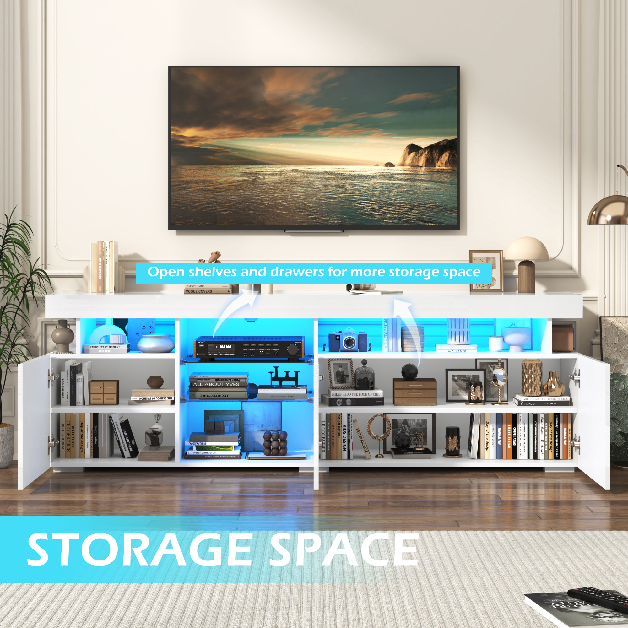 ANPOO 70.8'' LED TV Stand for TVs up to 80'', High Glossy Entertainment Center with Storage Cabinet, Modern TV Console Media Cabinet for Living Room, Bedroom