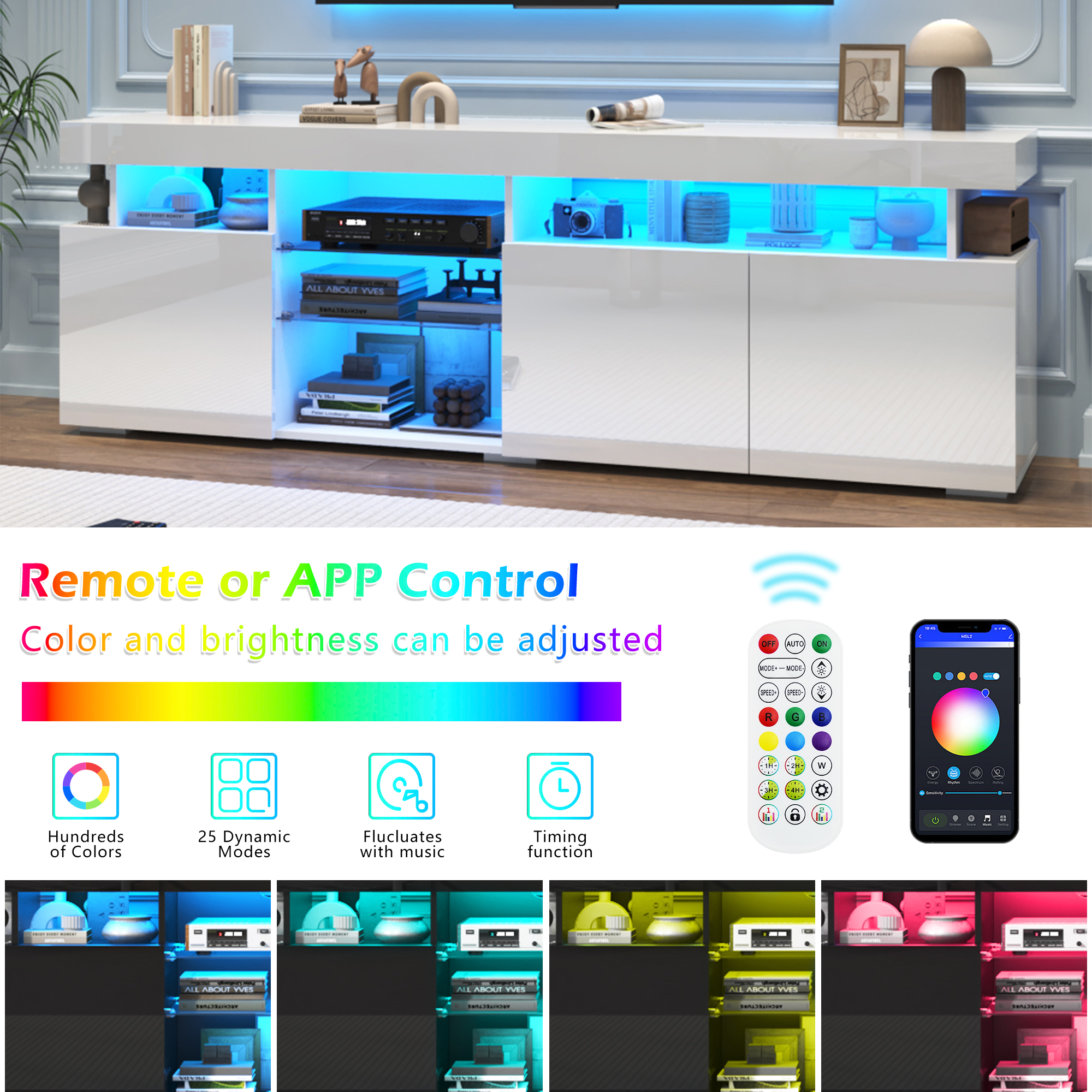 ANPOO 70.8'' LED TV Stand for TVs up to 80'', High Glossy Entertainment Center with Storage Cabinet, Modern TV Console Media Cabinet for Living Room, Bedroom