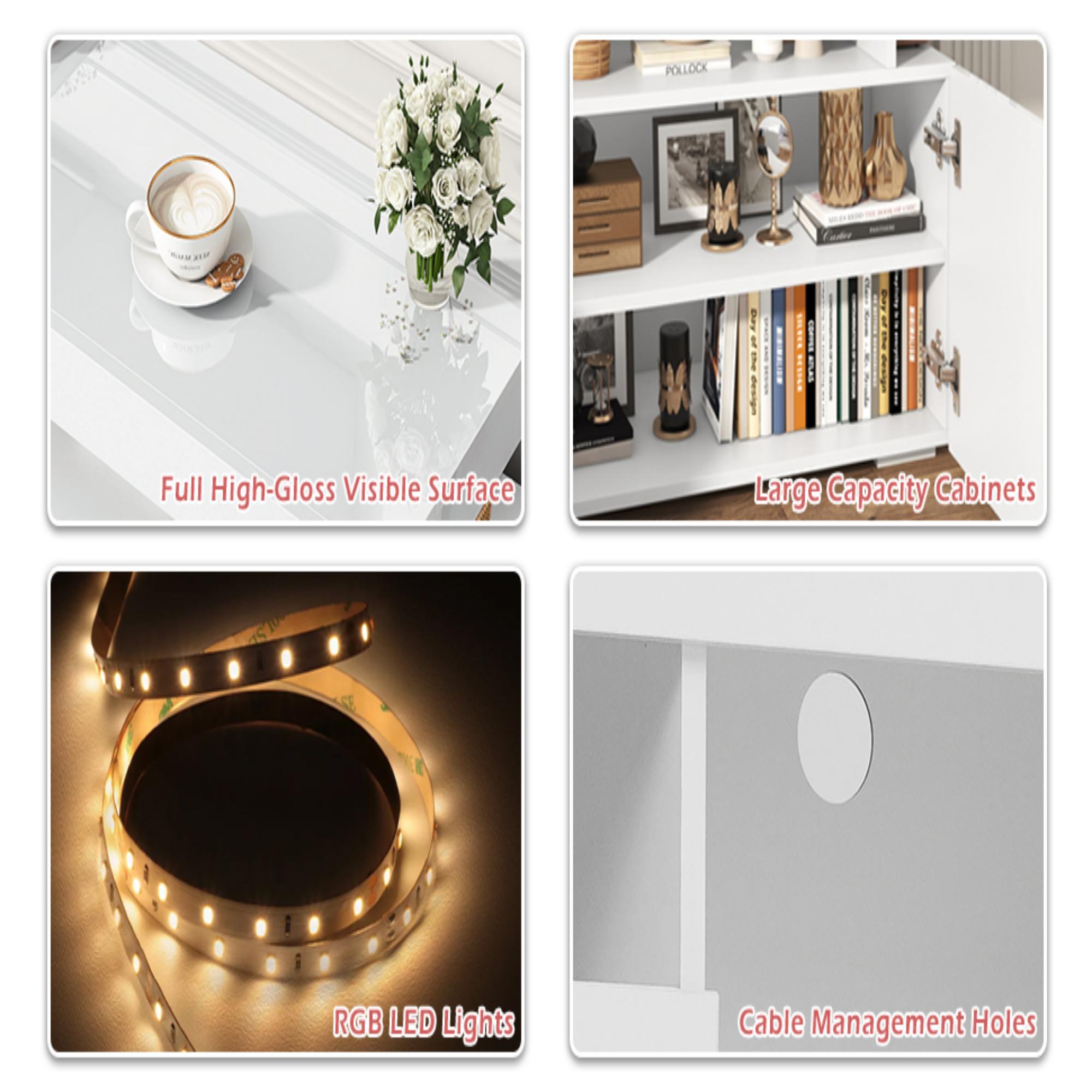 ChVans LED TV Stand for 75/80inch, 2 Tier TV Console Cabinet with Storage Cabinet & Open Shelf, 70'' High Glassy Modern Entertainment Center for Living Room, Bedroom