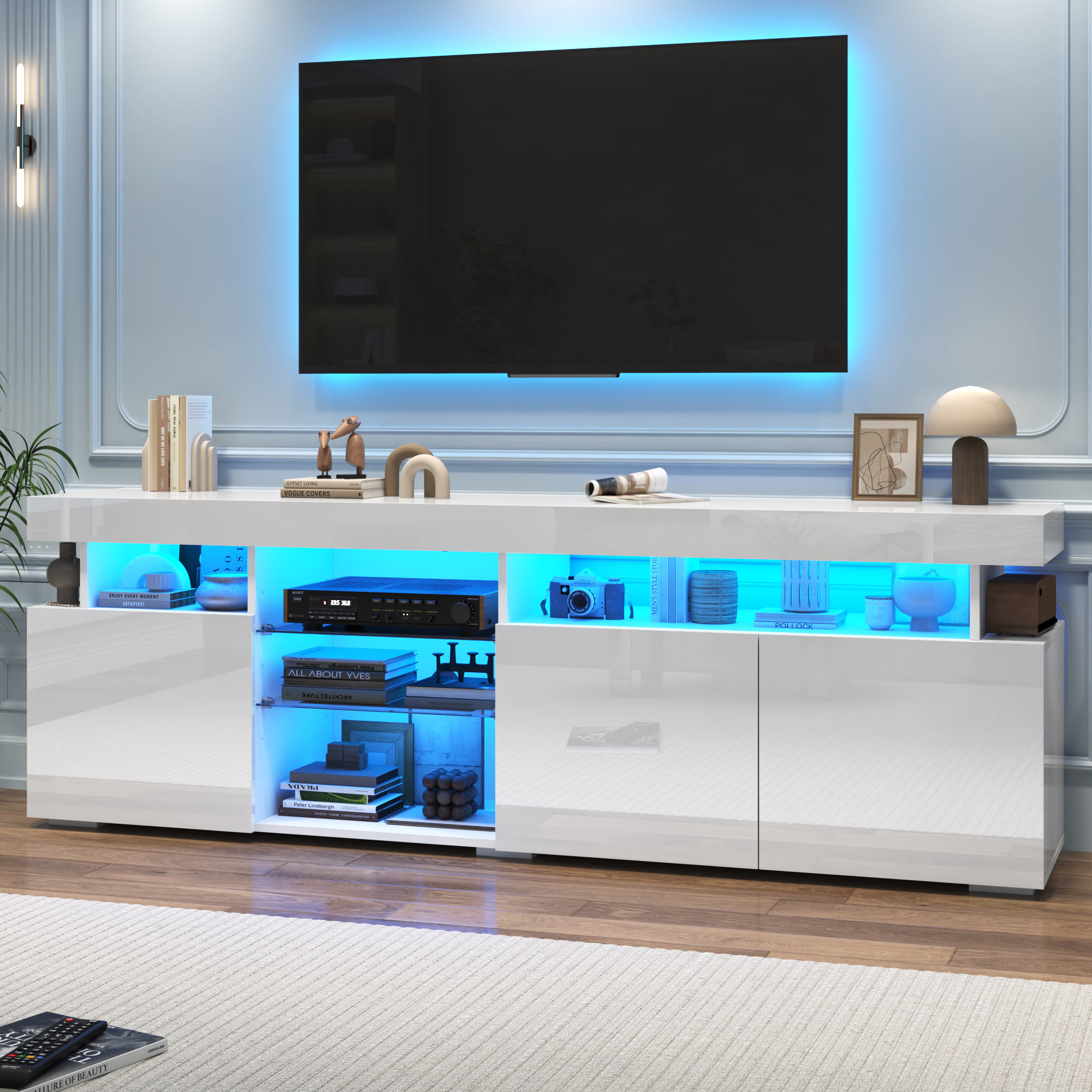 ChVans LED TV Stand for 75/80inch, 2 Tier TV Console Cabinet with Storage Cabinet & Open Shelf, 70'' High Glassy Modern Entertainment Center for Living Room, Bedroom