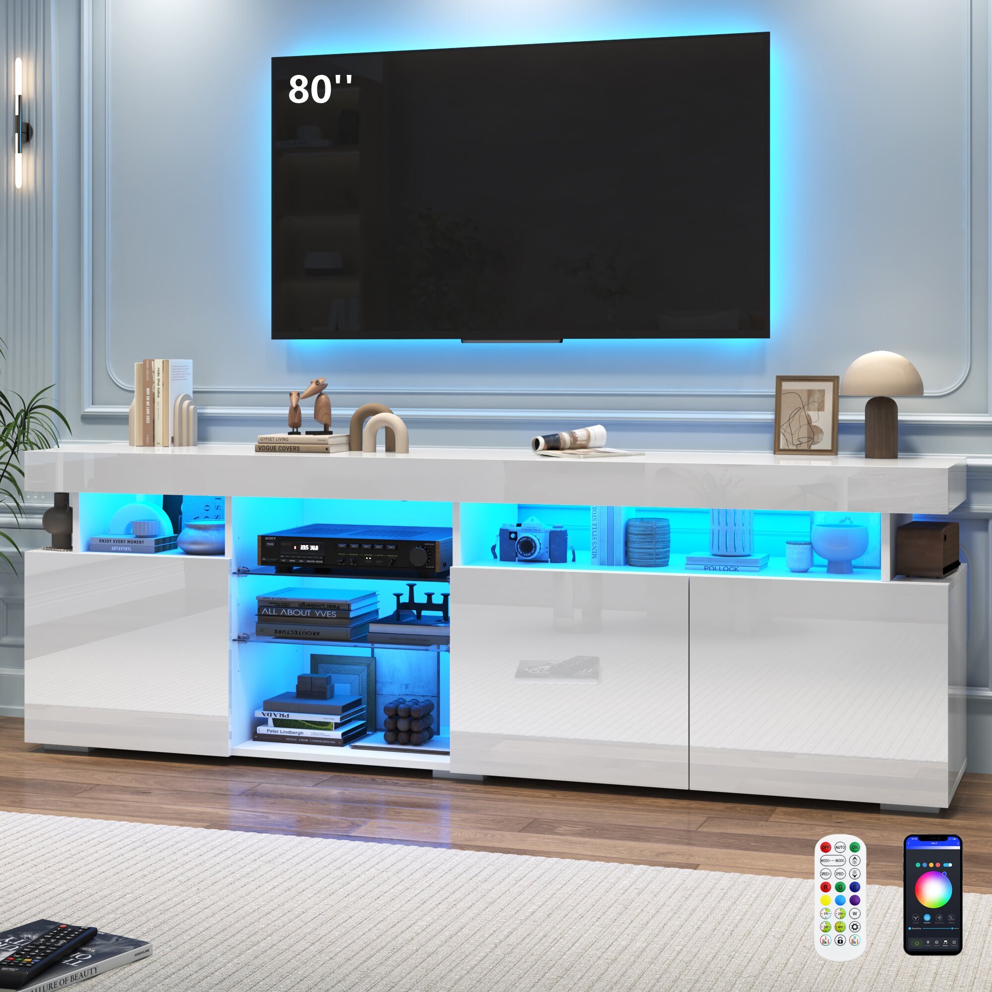 ANPOO 70.8'' LED TV Stand for TVs up to 80'', High Glossy Entertainment Center with Storage Cabinet, Modern TV Console Media Cabinet for Living Room, Bedroom