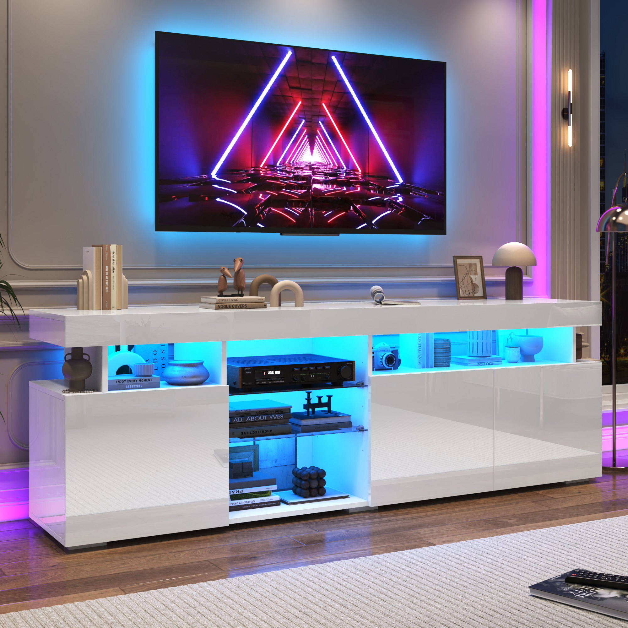 ANPOO 70.8'' LED TV Stand for TVs up to 80'', High Glossy Entertainment Center with Storage Cabinet, Modern TV Console Media Cabinet for Living Room, Bedroom