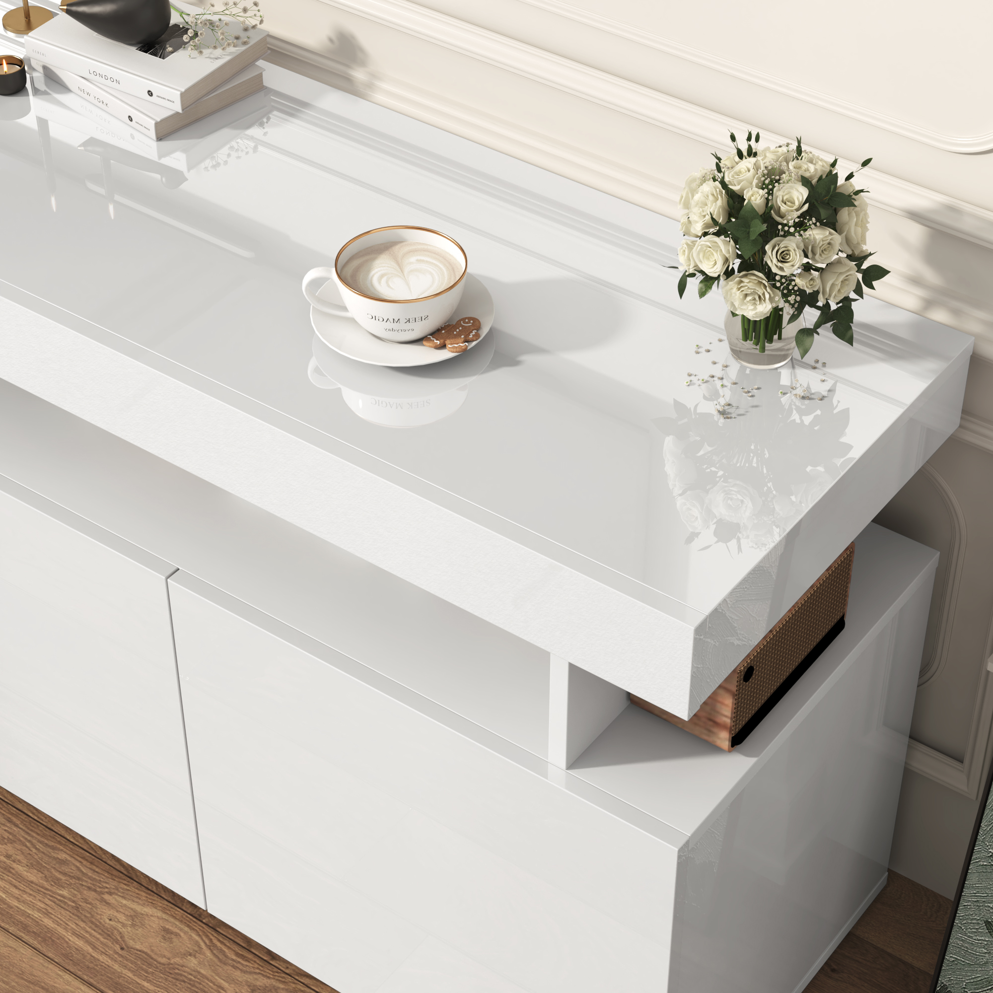 ANPOO 70.8'' LED TV Stand for TVs up to 80'', High Glossy Entertainment Center with Storage Cabinet, Modern TV Console Media Cabinet for Living Room, Bedroom