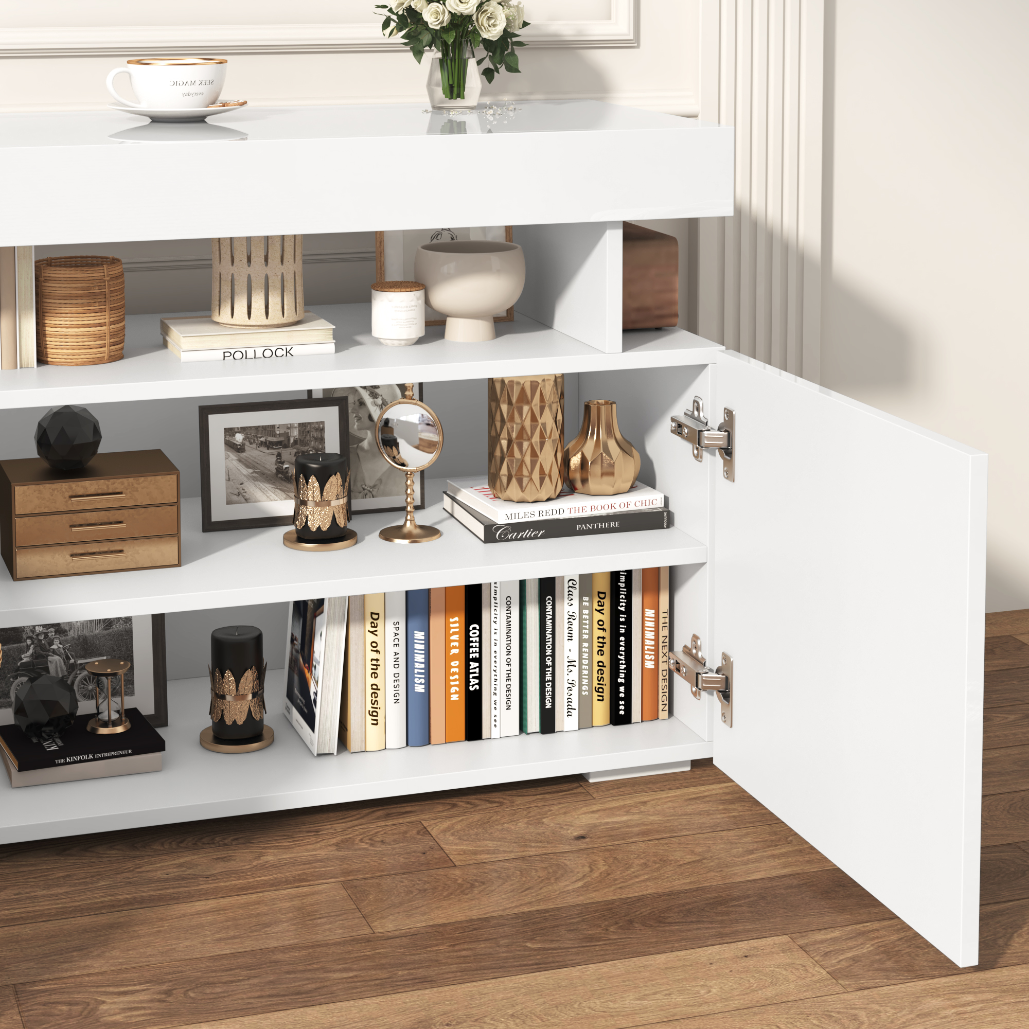 ANPOO 70.8'' LED TV Stand for TVs up to 80'', High Glossy Entertainment Center with Storage Cabinet, Modern TV Console Media Cabinet for Living Room, Bedroom