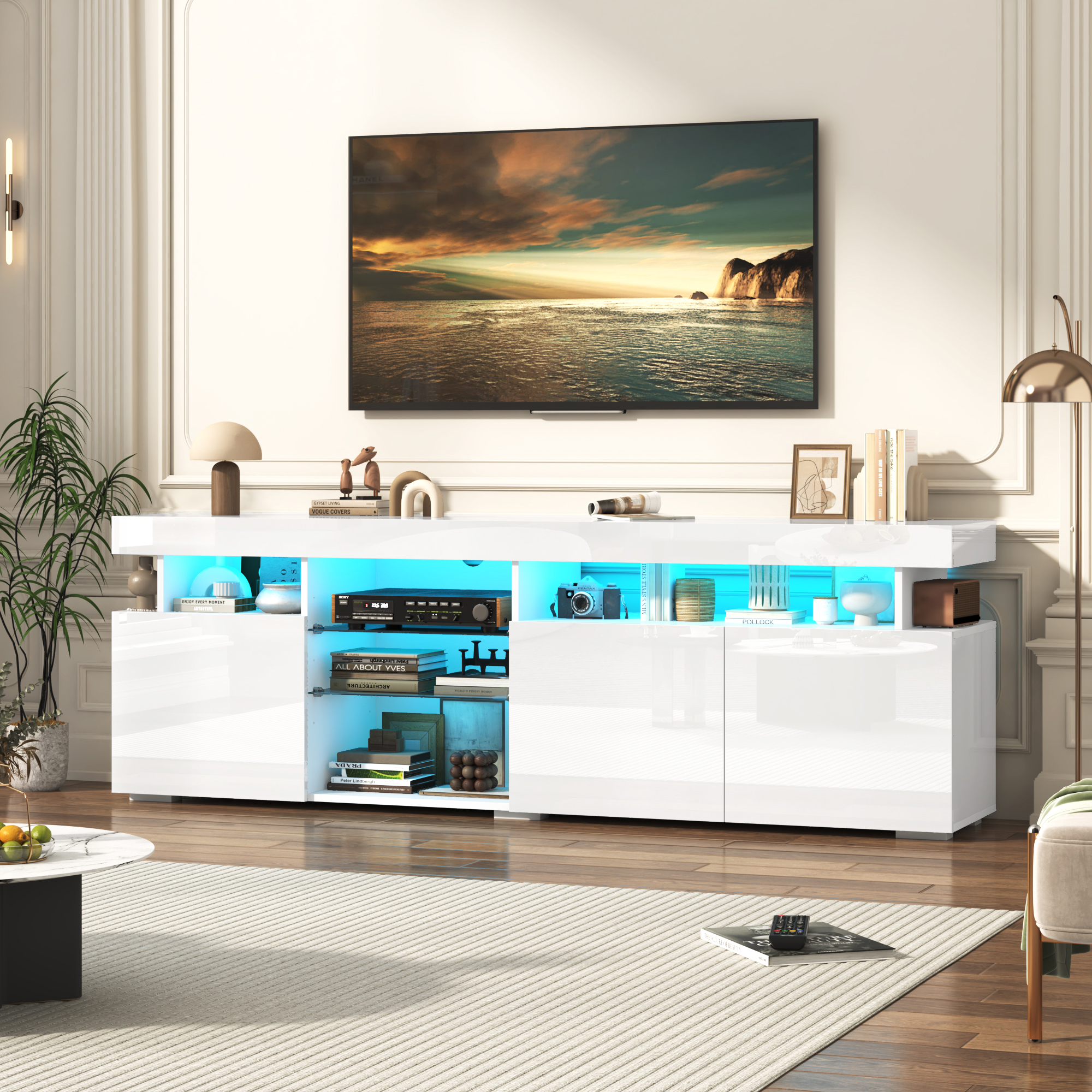 ChVans LED TV Stand for 75/80inch, 2 Tier TV Console Cabinet with Storage Cabinet & Open Shelf, 70'' High Glassy Modern Entertainment Center for Living Room, Bedroom