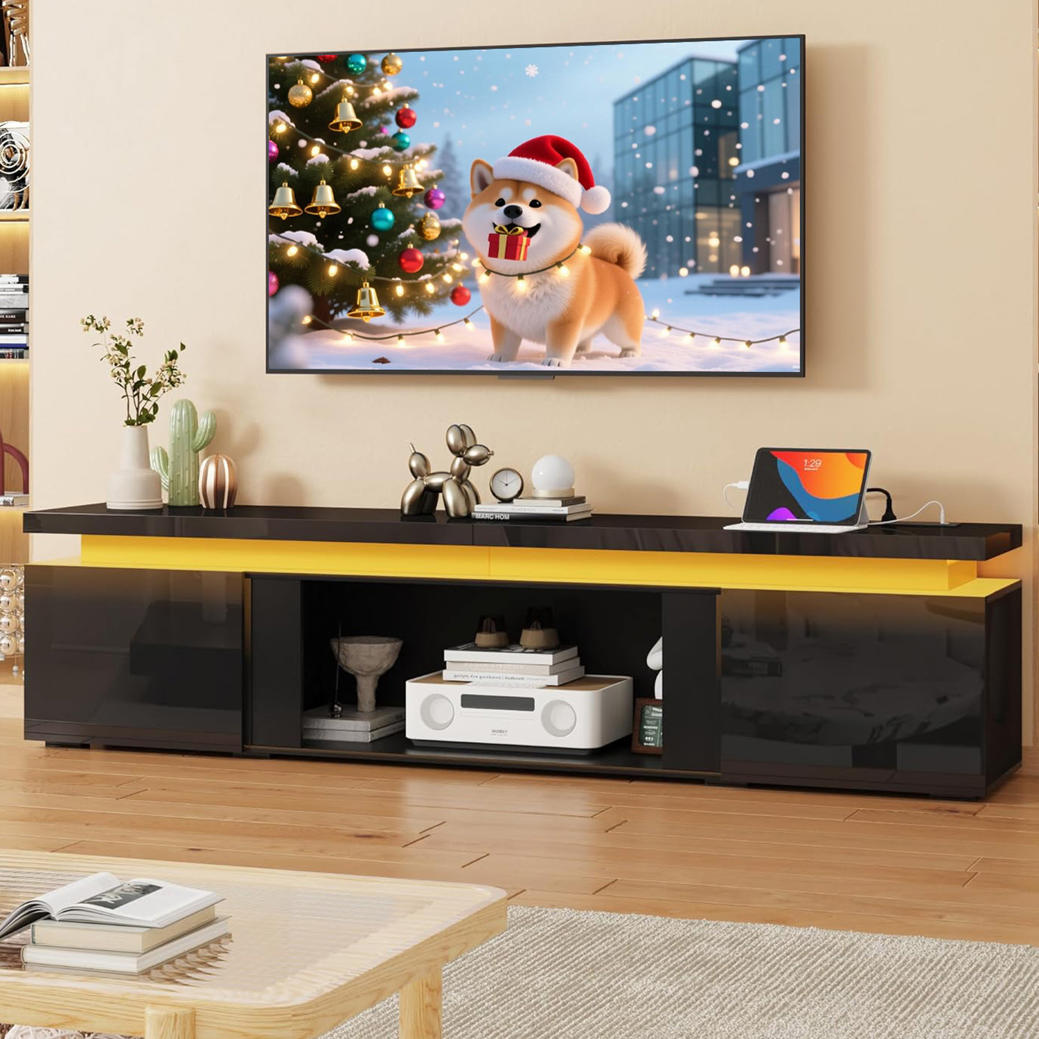  LED TV Stand for 65" 70" 75" 80" TVs, Modern TV Stand with Power Outlet, High Gloss TV Console Entertainment Center with 40" Open Storage for Living Room