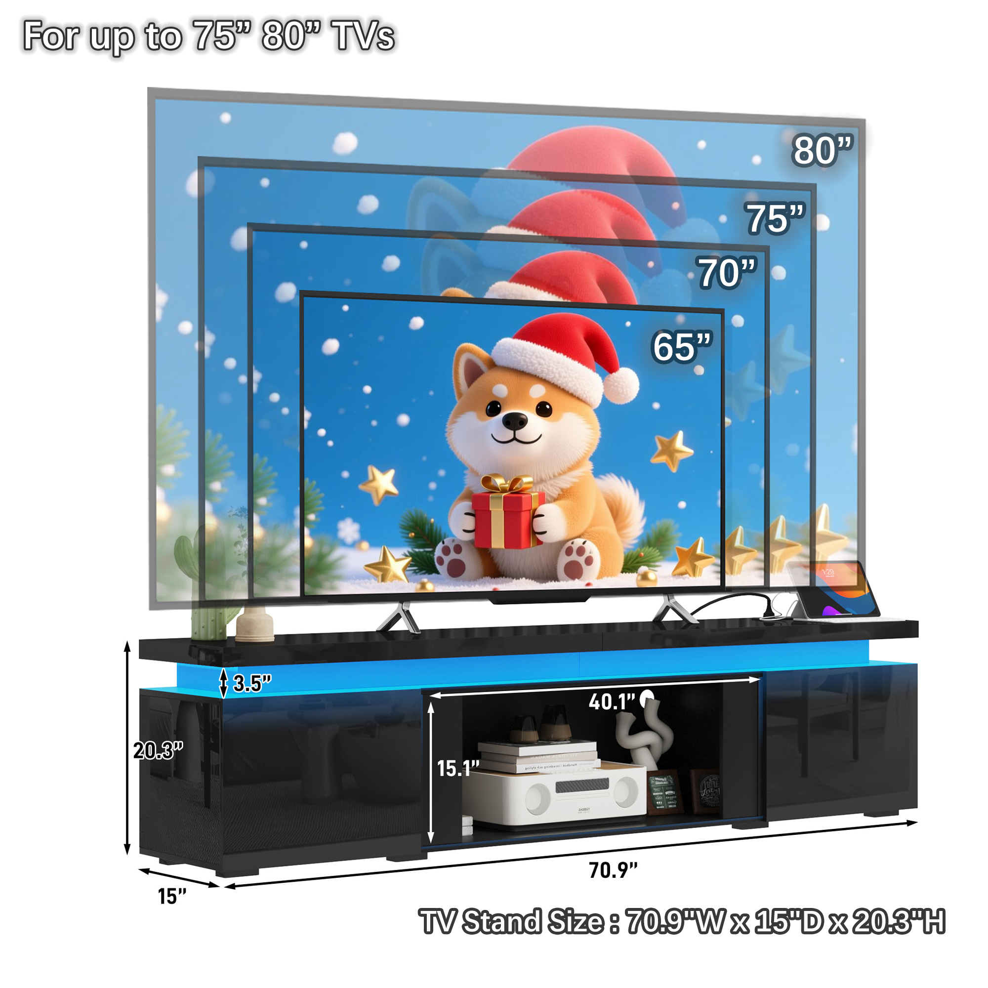  LED TV Stand for 65" 70" 75" 80" TVs, Modern TV Stand with Power Outlet, High Gloss TV Console Entertainment Center with 40" Open Storage for Living Room